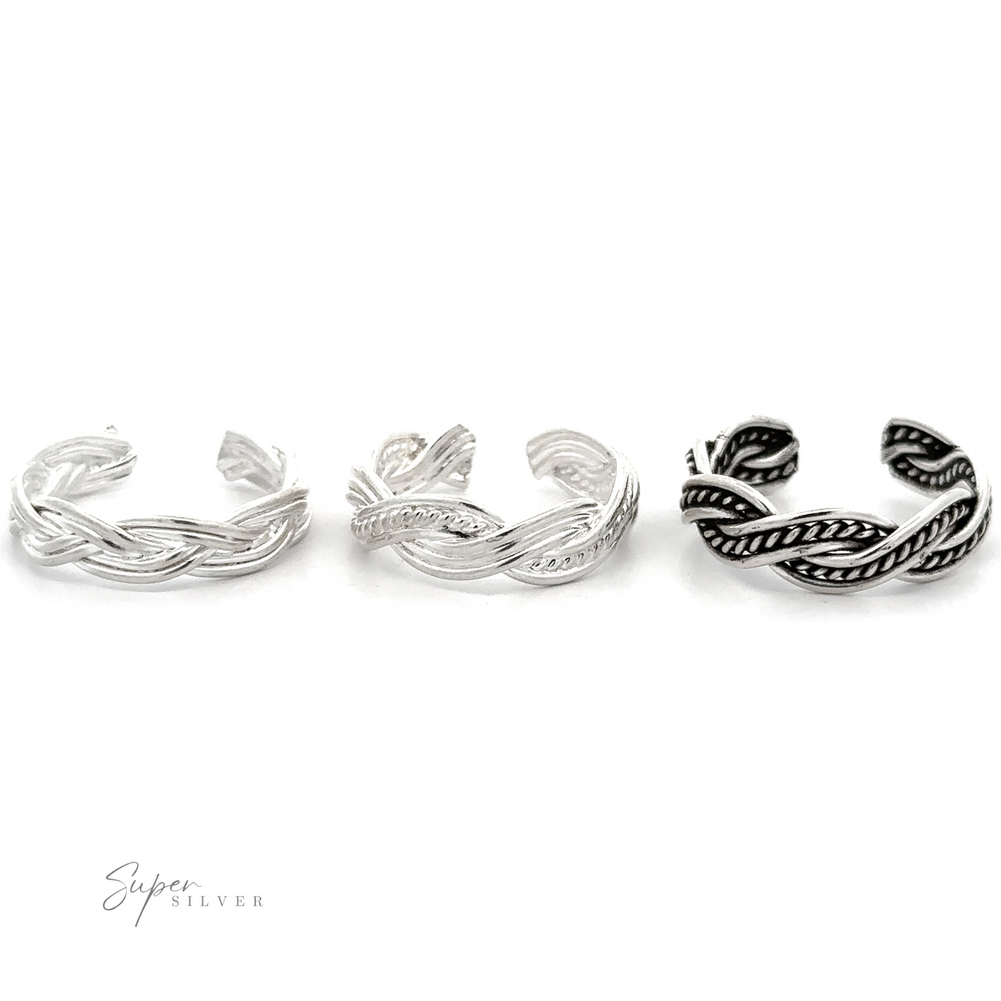 Three Various Braided Adjustable Toe Rings with intricate designs on a white background.