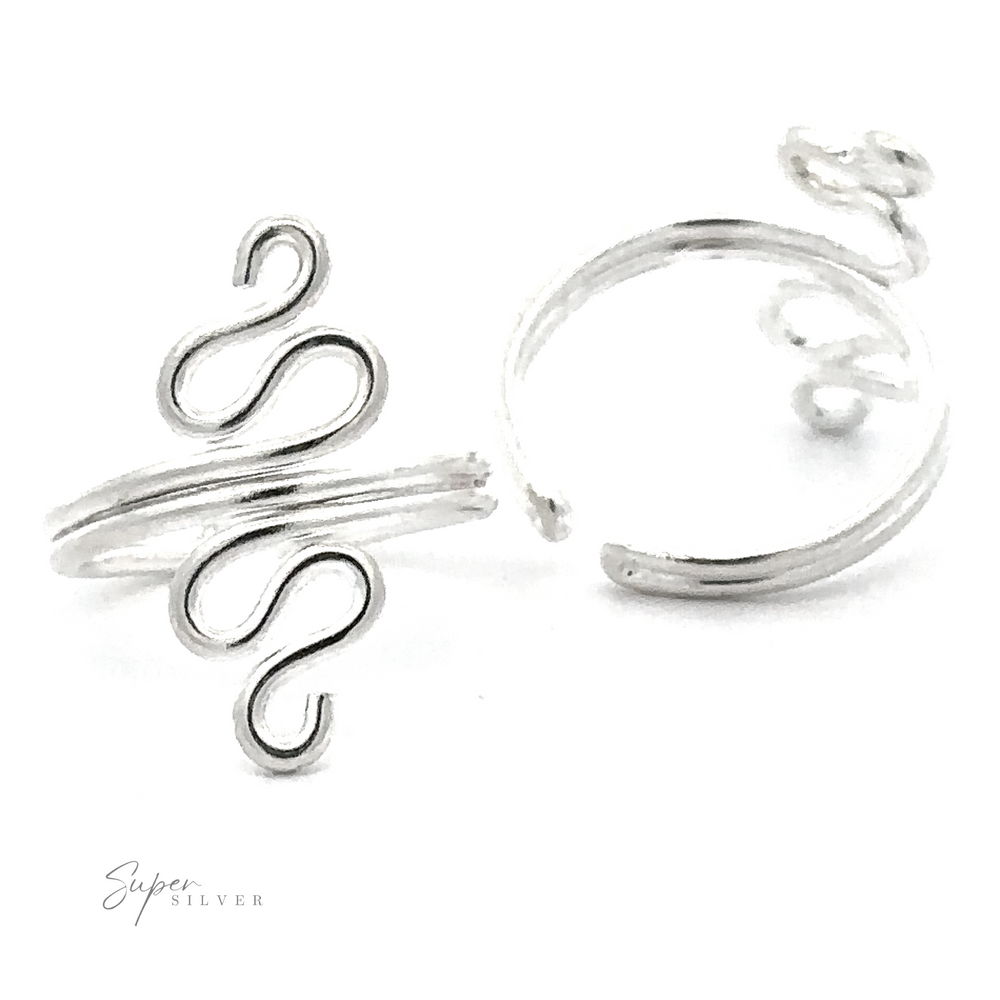 Squiggly adjustable toe ring with a snake design, displayed on a white background with the text "super silver" visible.