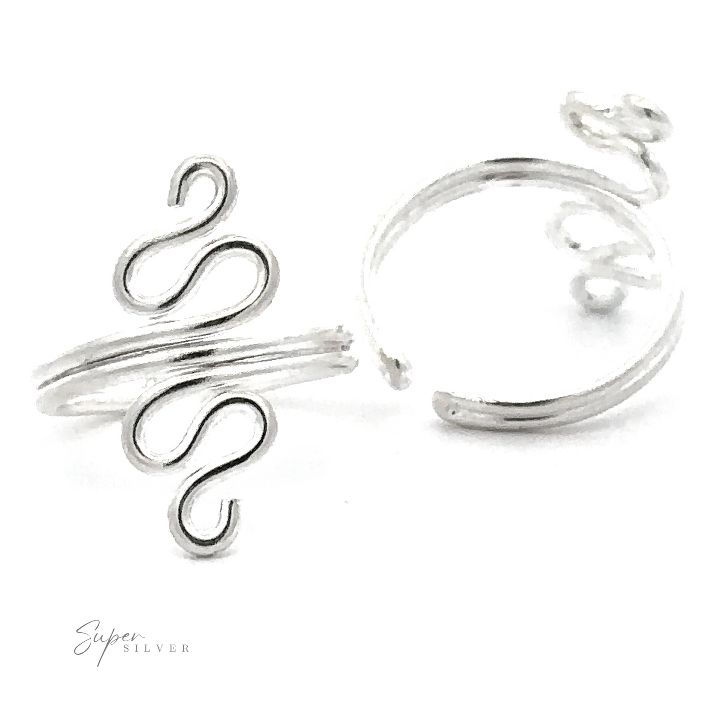 Squiggly adjustable toe ring with a snake design, displayed on a white background with the text "super silver" visible.