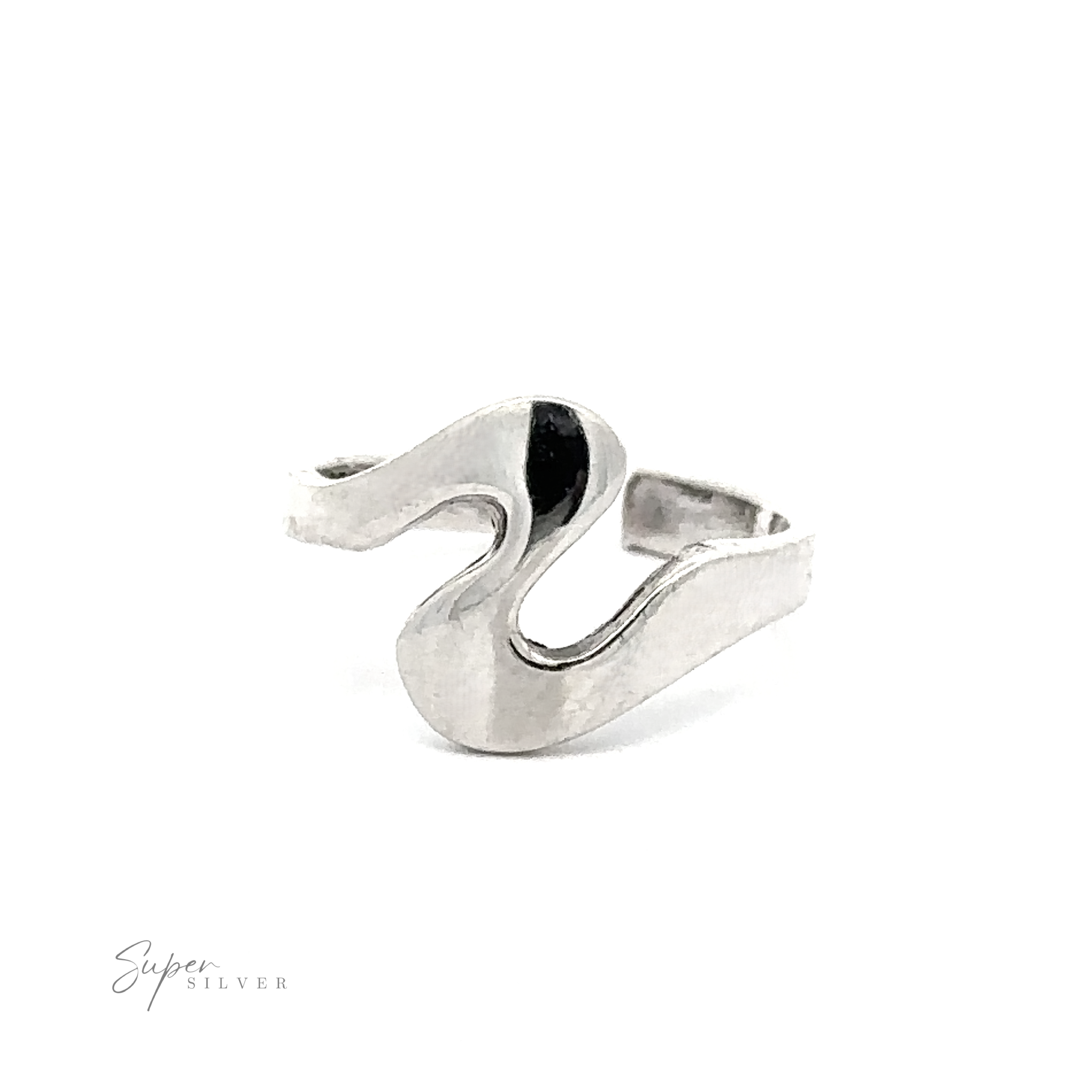 Squiggle Adjustable Toe Ring with a flowing, wave-like design on a white background, with ".925 Sterling Silver" inscribed in the lower right corner.