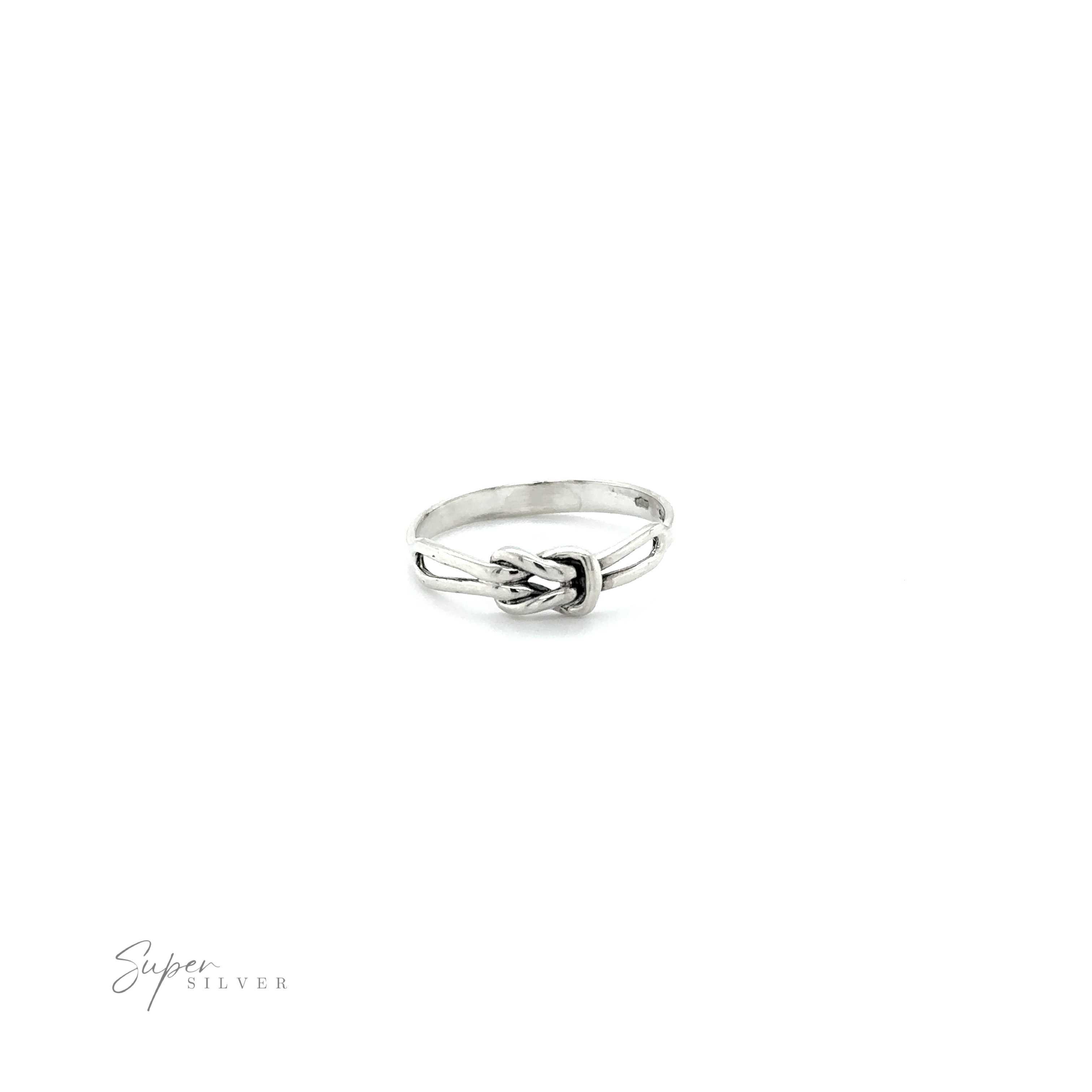 A stackable Slender Square Knot Ring with a small heart on it.