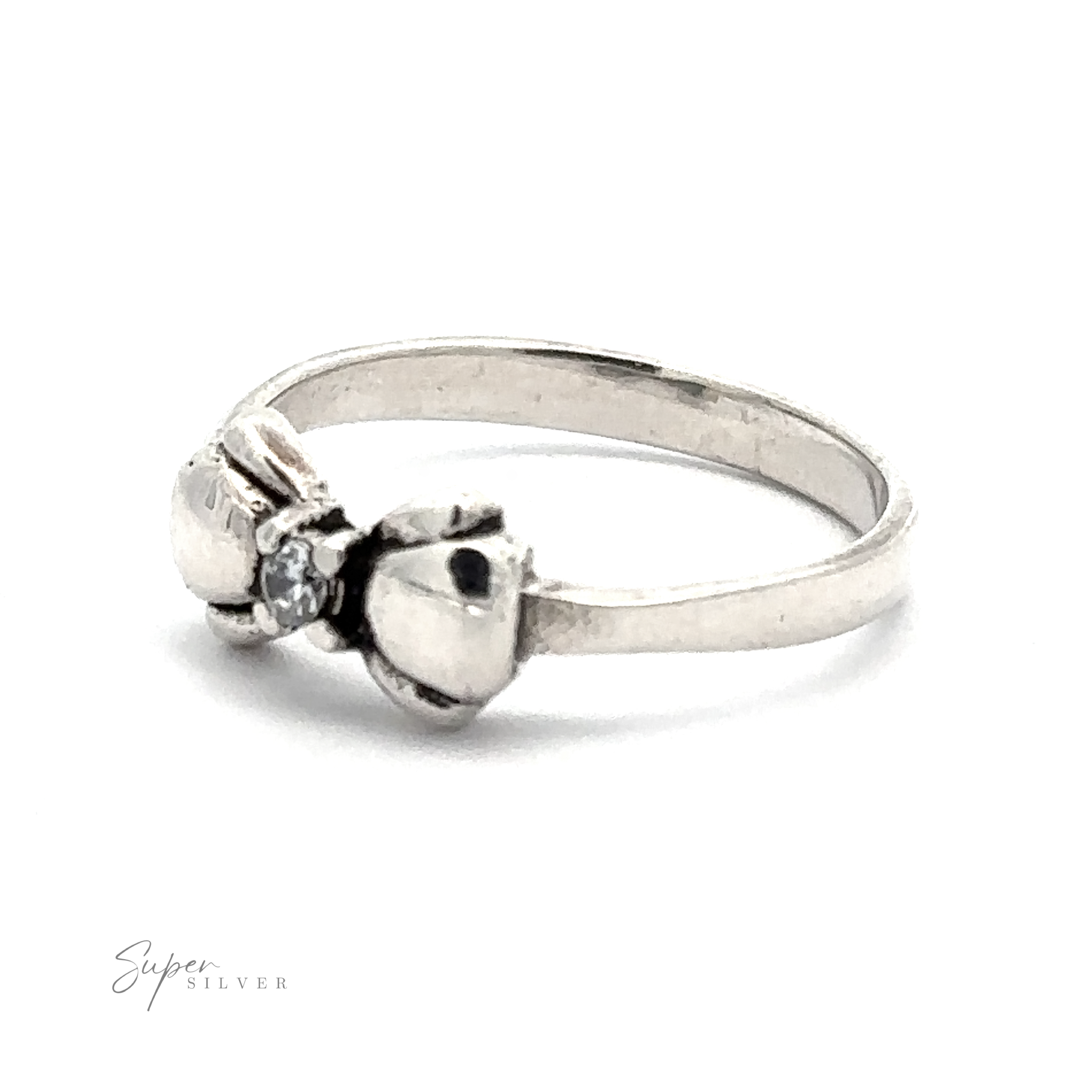 An Adorable Cubic Zirconia Bow Ring featuring a small round black cubic zirconia at its center. The inscription "Super Silver" is delicately placed in the bottom left corner.