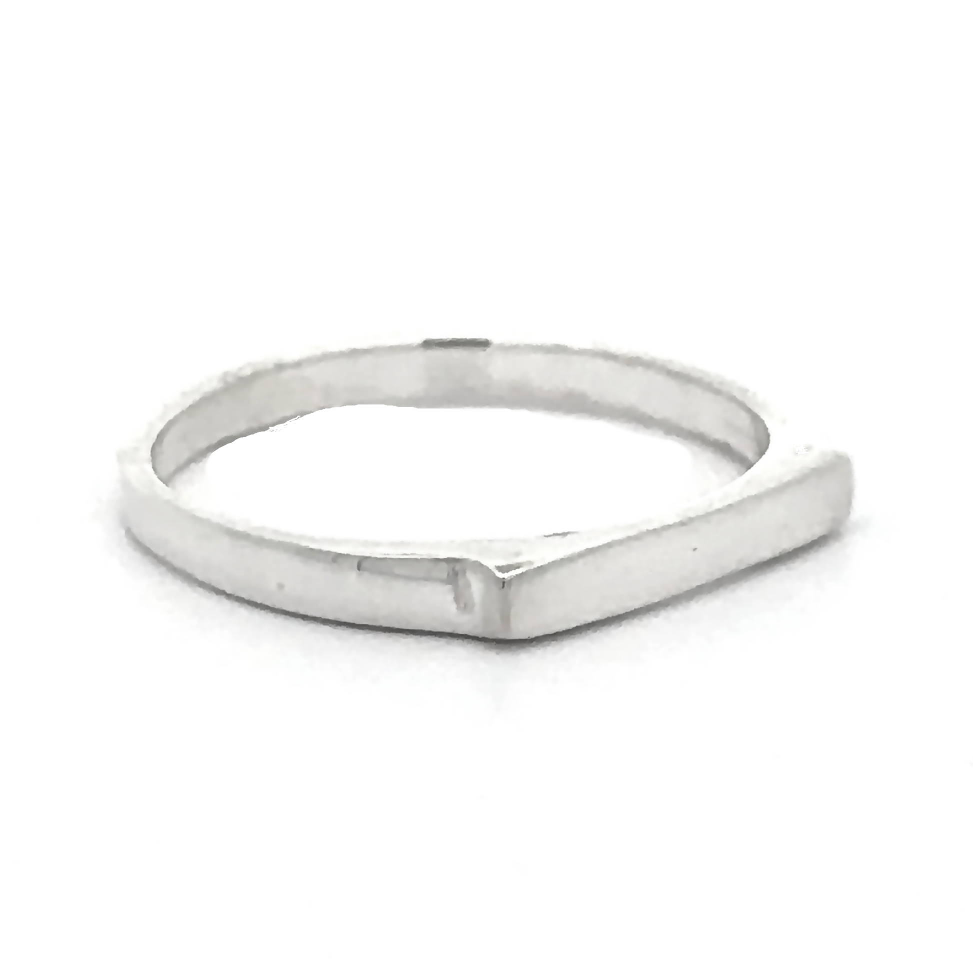 A thin, Dainty Silver Bar Ring with a flat top and a subtle cut-out design near the edge, embodying modern minimalism, set against a plain white background.