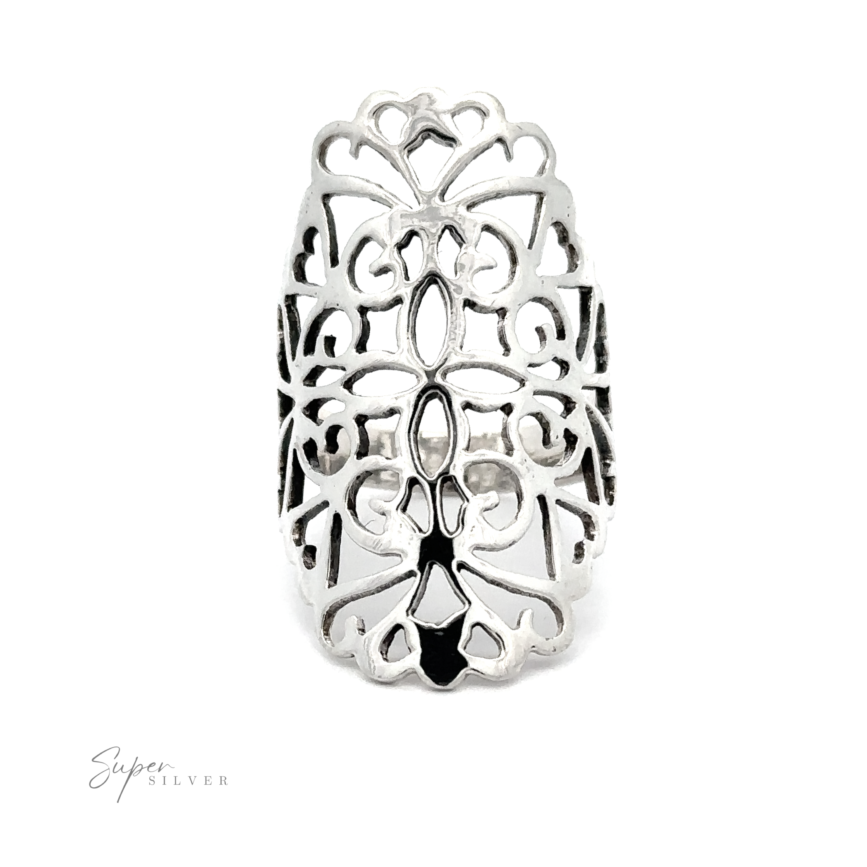 A silver Filigree Shield Ring with a romantic vintage flair.