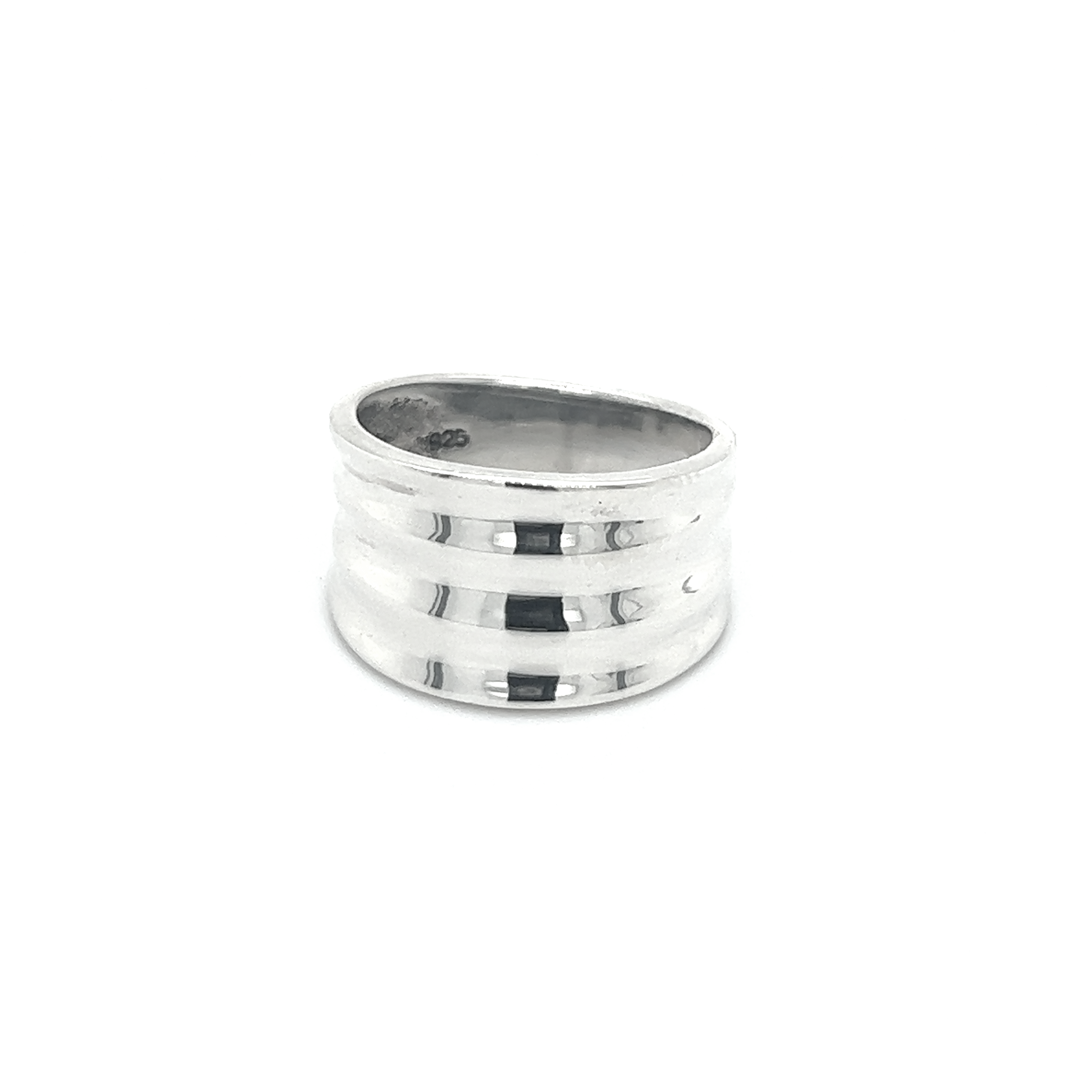 A Super Silver Wide Tapered Band with a striped pattern.