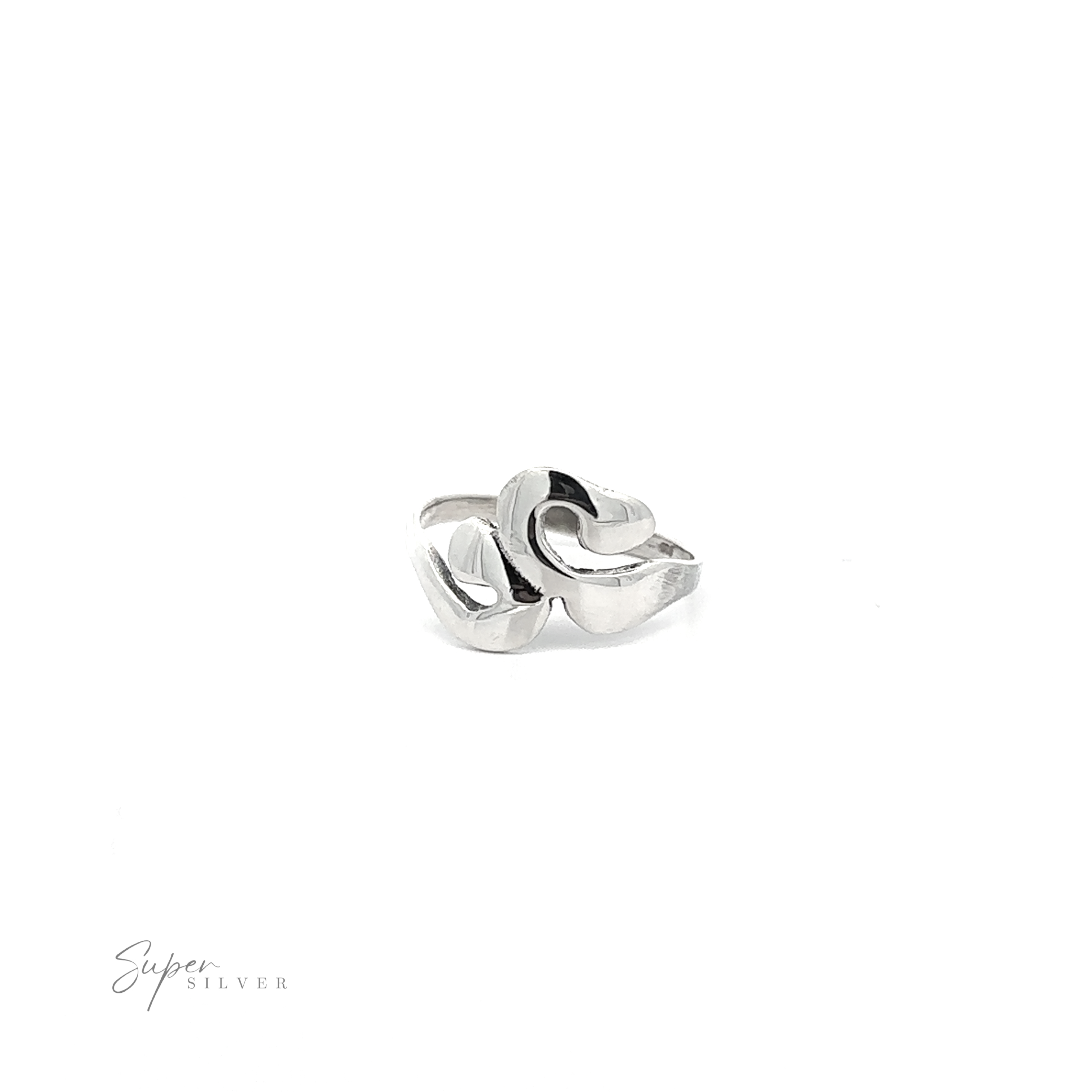 A silver Wavy Swirl Ring styled with two hearts.