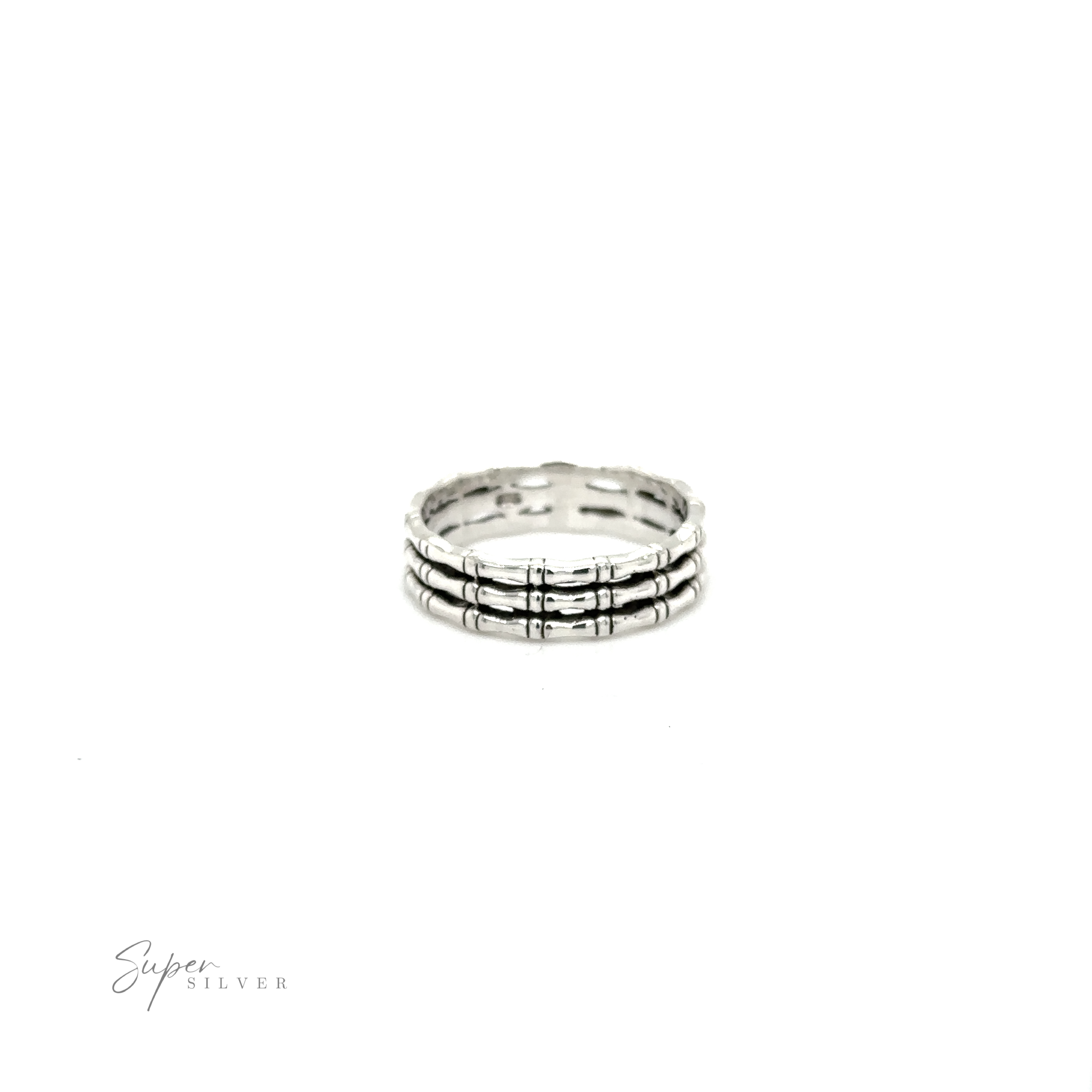 A Super Silver Triple Bamboo Band Ring with three rows of diamonds.