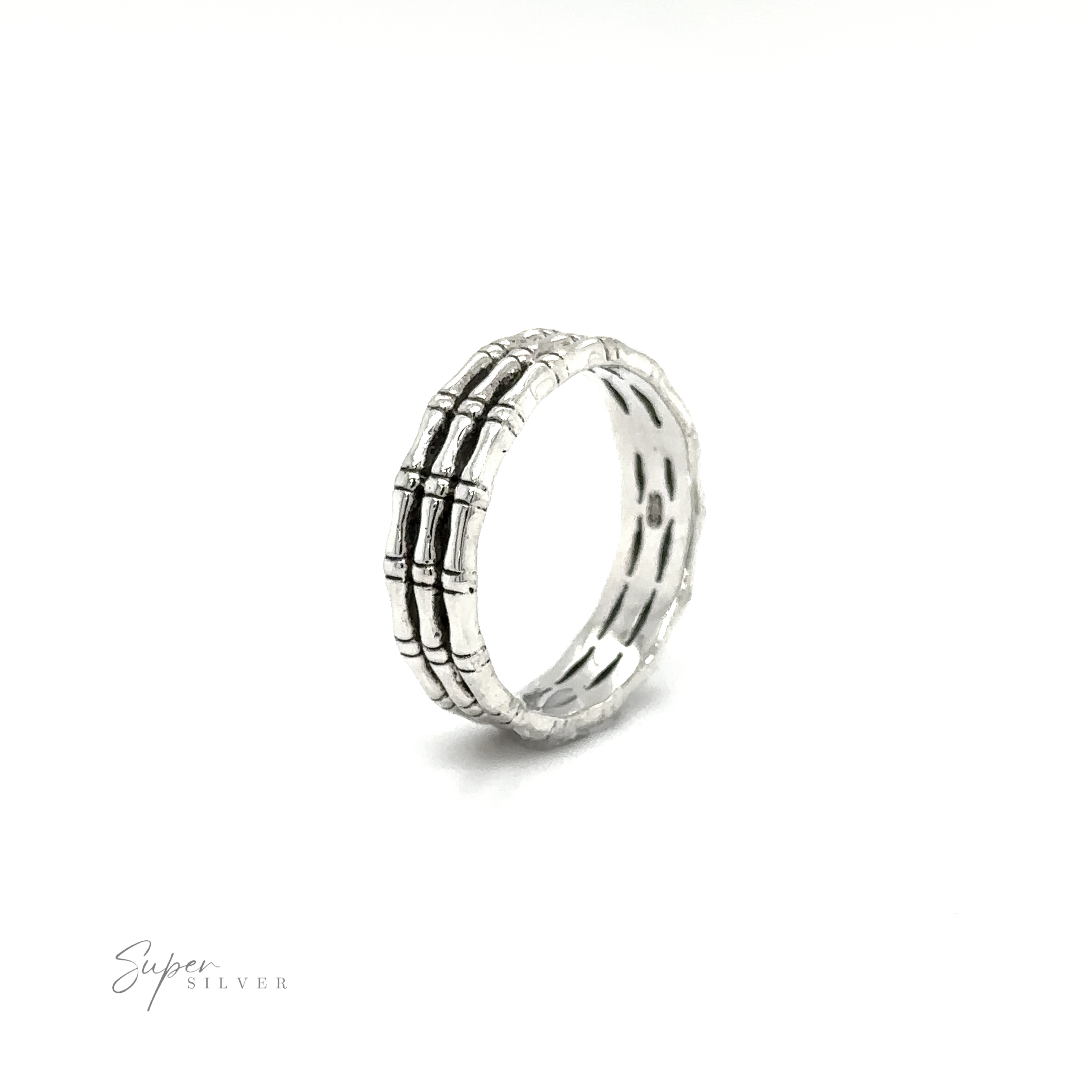 A Triple Bamboo Band Ring with three rows of diamonds in a minimalist style by Super Silver.