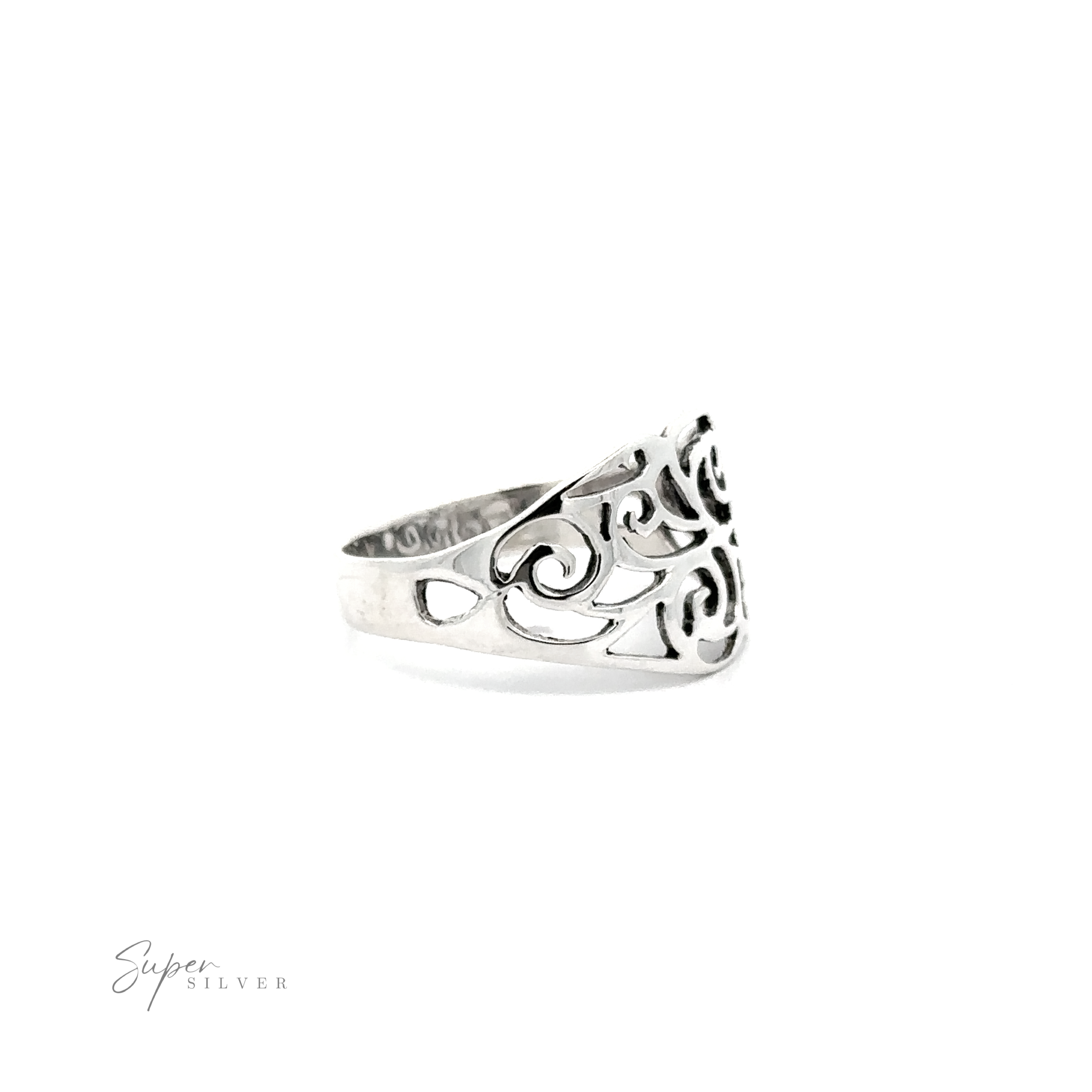A vintage-style thumb ring with a Bright Domed Filigree Cutout Band design.