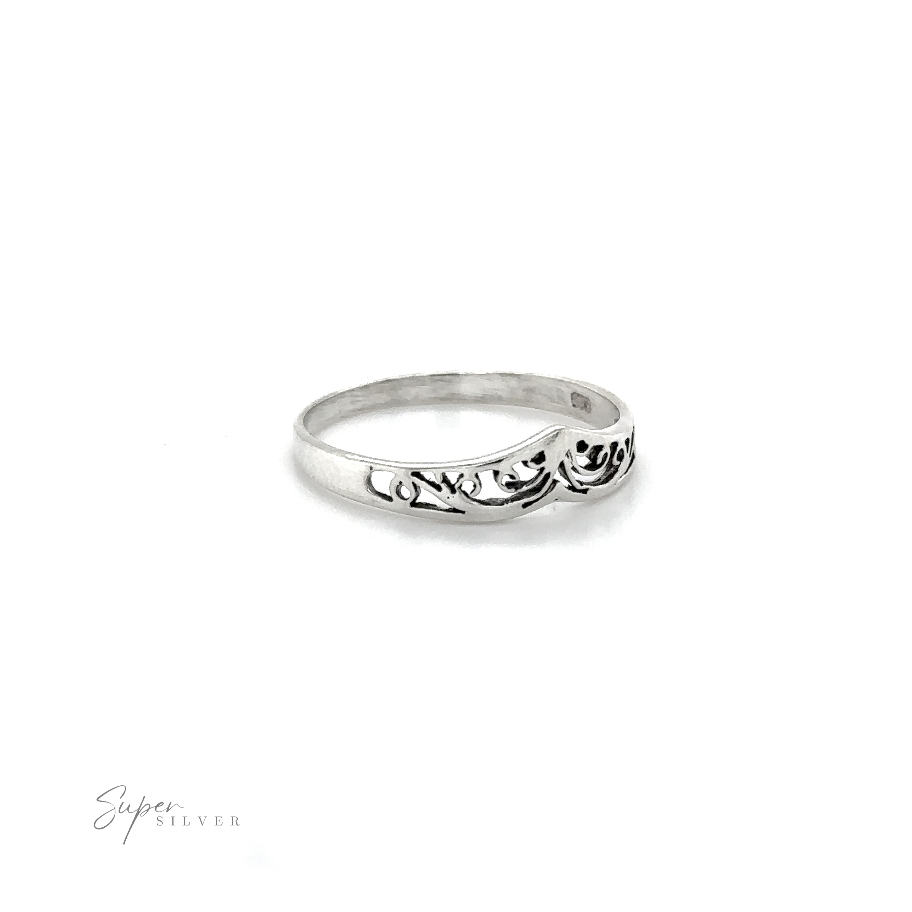 A Chevron Ring With Filigree Design with lacey filigree swirls.