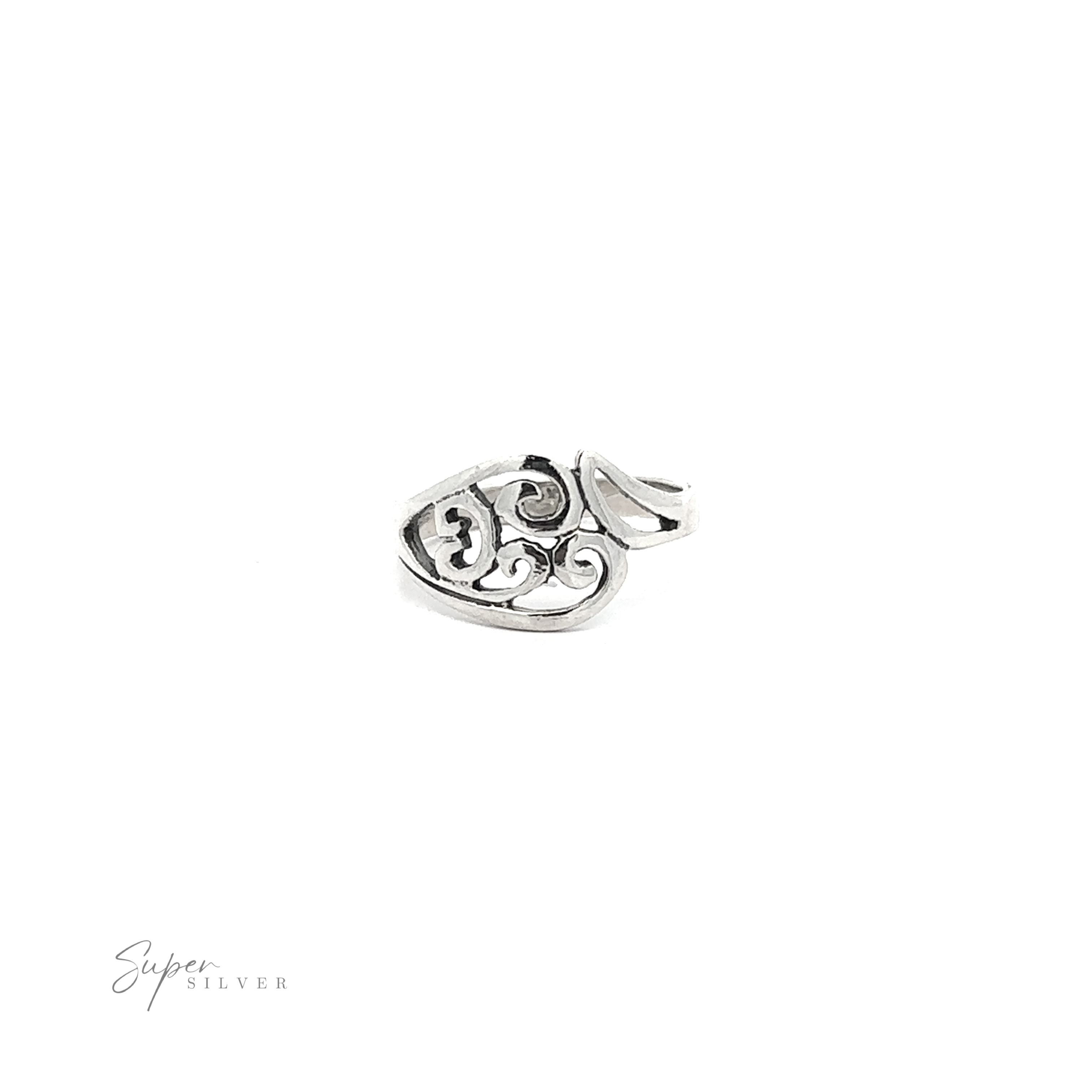 A contemporary Swoopy and Spiral Ring with boho charm on a white background.