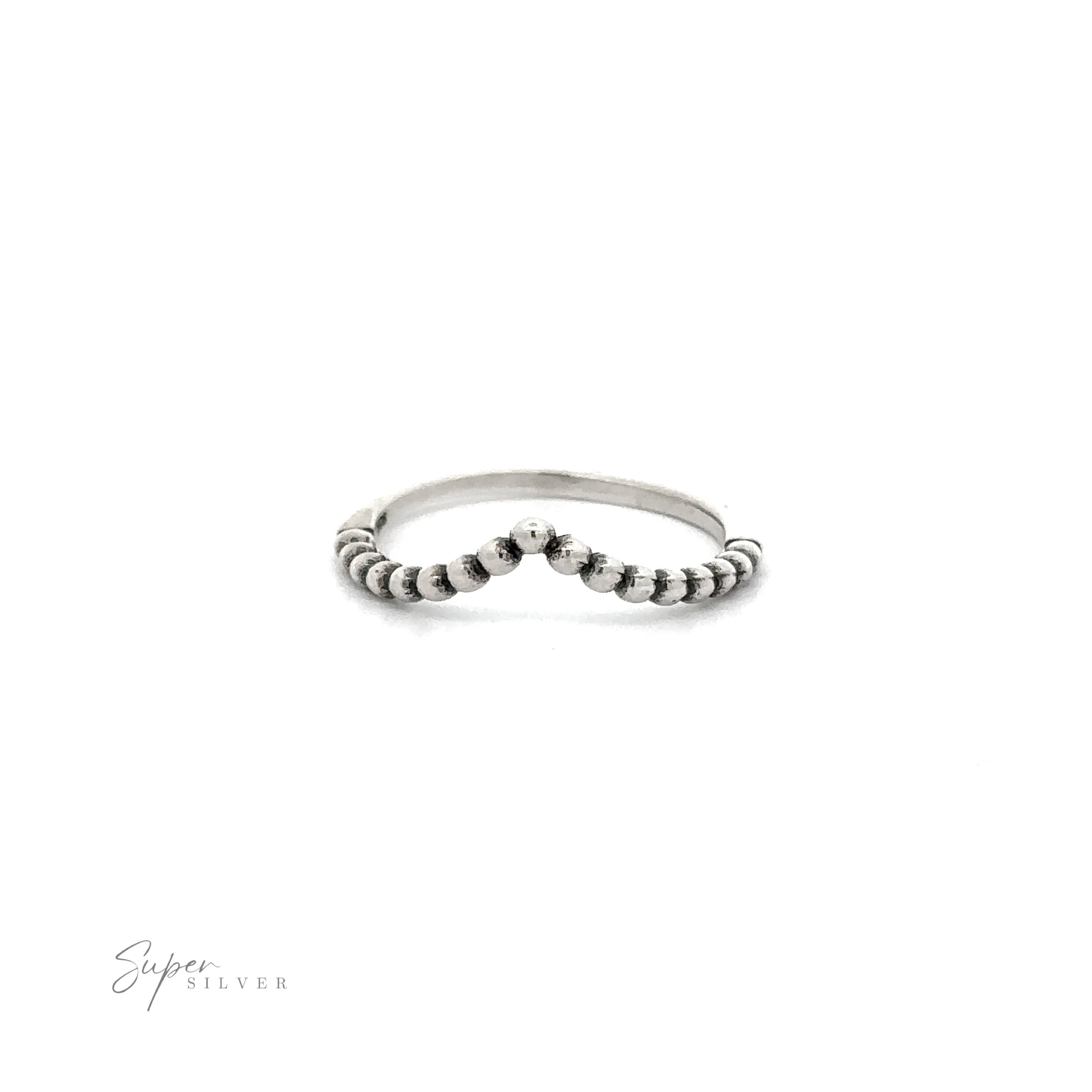 An oxidized sterling silver beaded chevron ring with a curved design.