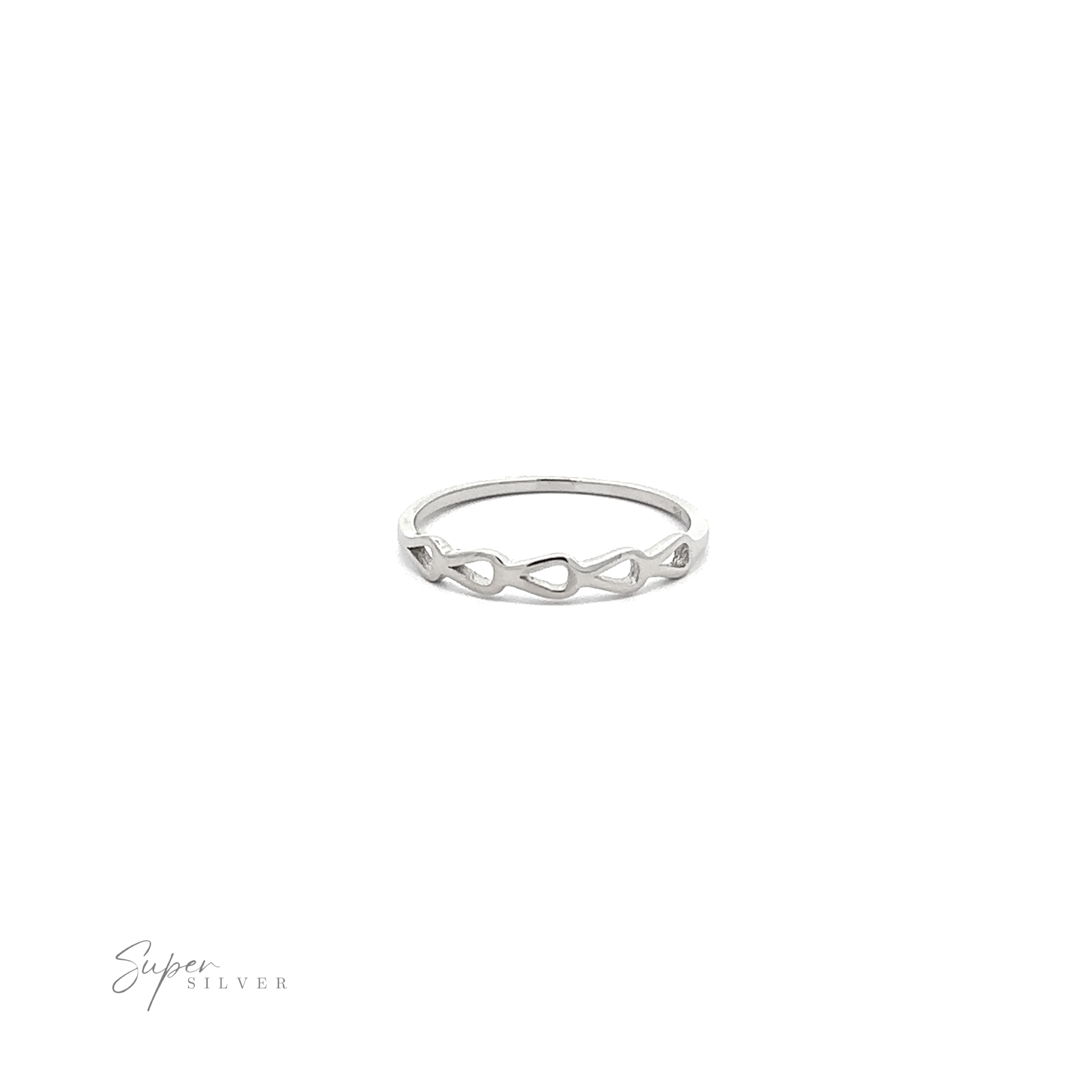 A Cutout Teardrop Ring plated in rhodium sterling silver with a circle in the middle.