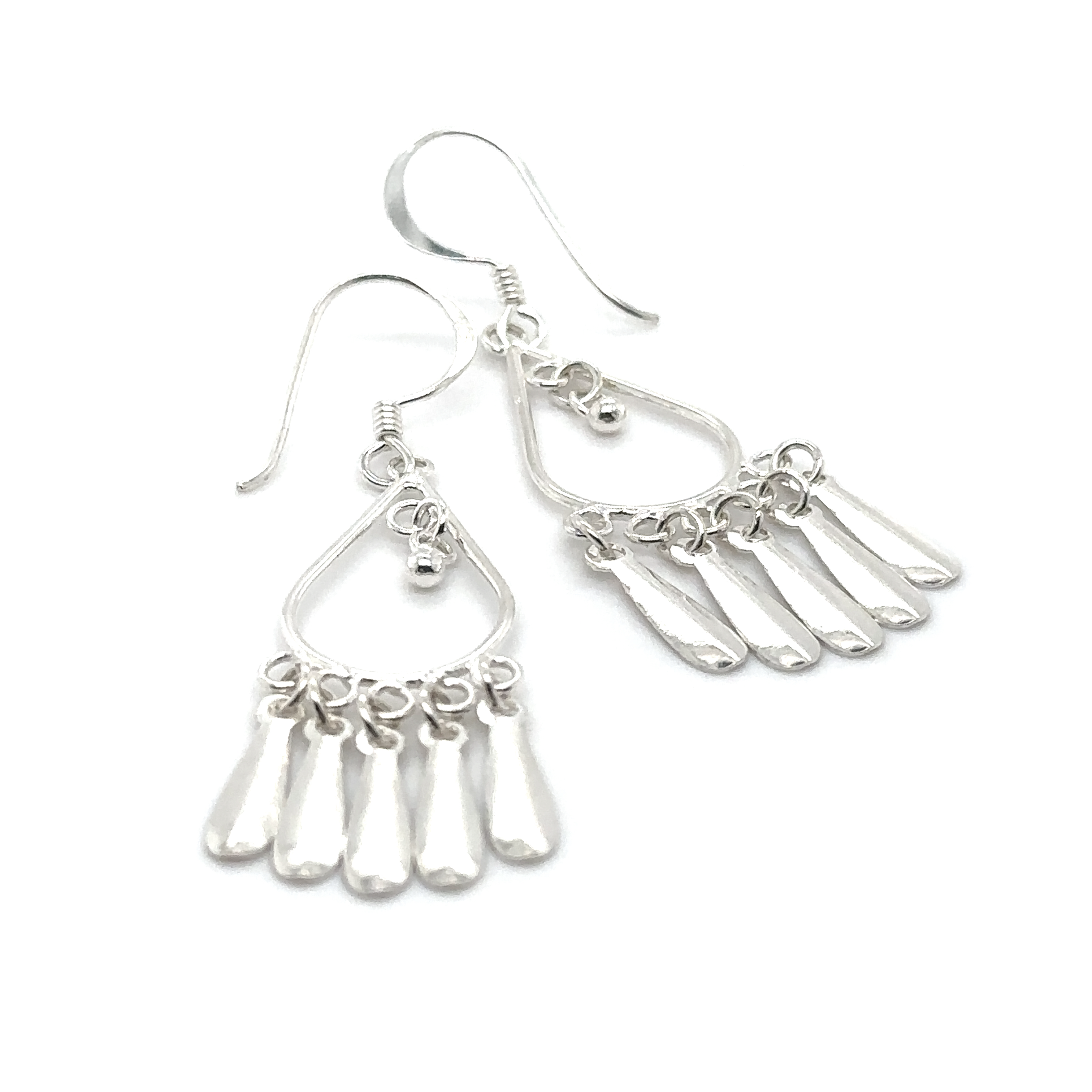 A pair of Super Silver Teardrop Tassel Earrings on a white background.