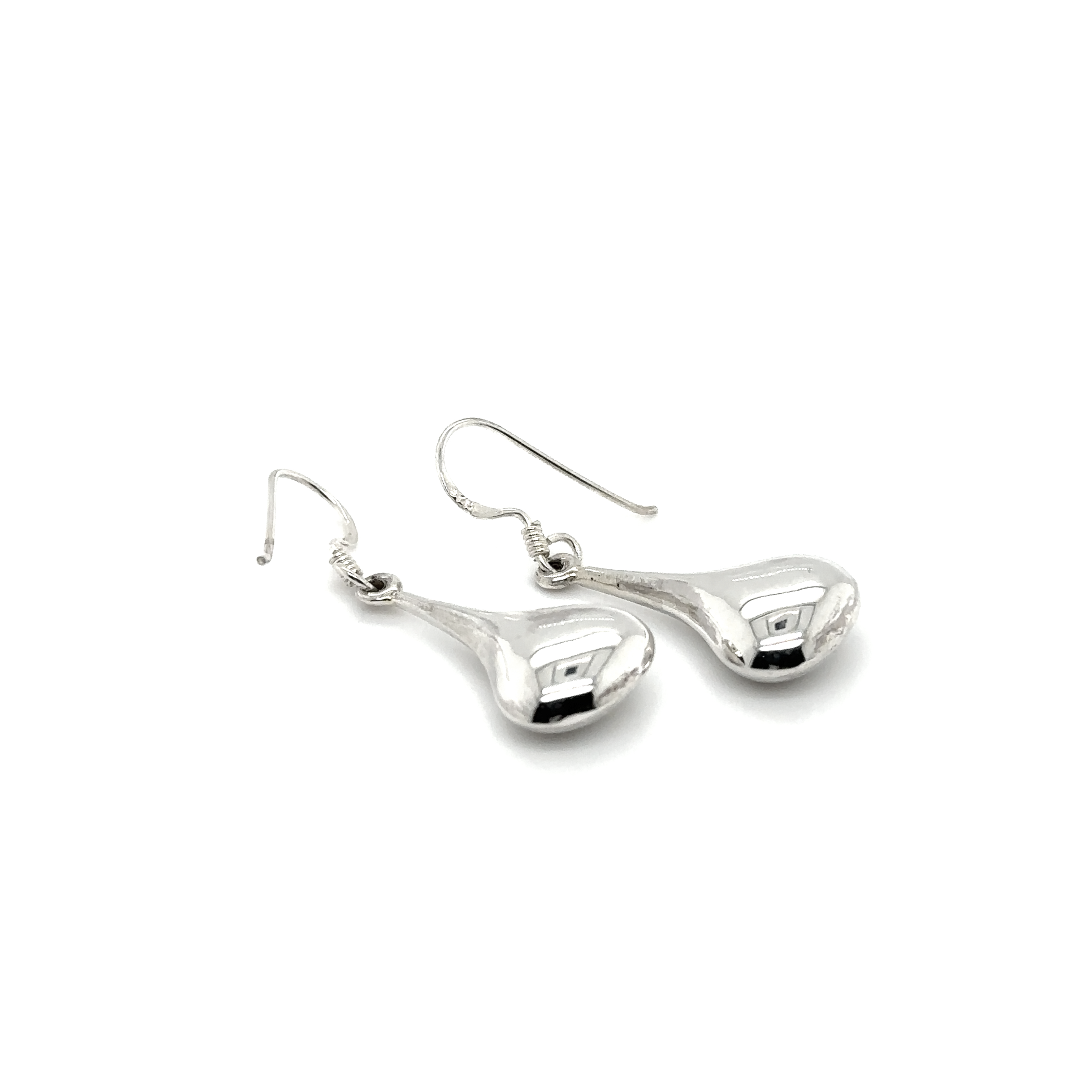 A stylish pair of Super Silver Simple Teardrop Earrings on a white background.