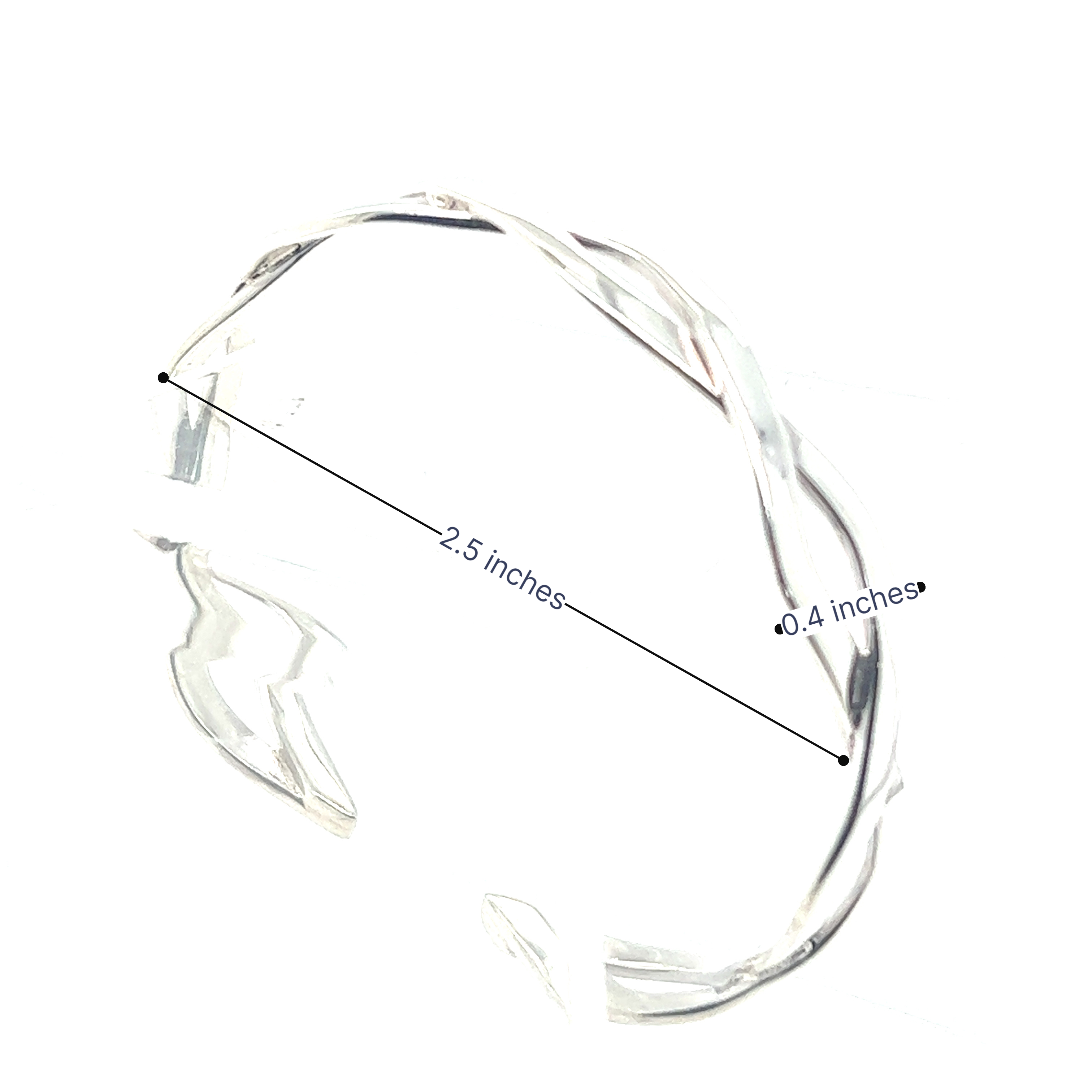 A diagram showcasing the intricate twisting pattern and measurements of Super Silver's Stylish Twisted Silver Cuff bracelets.