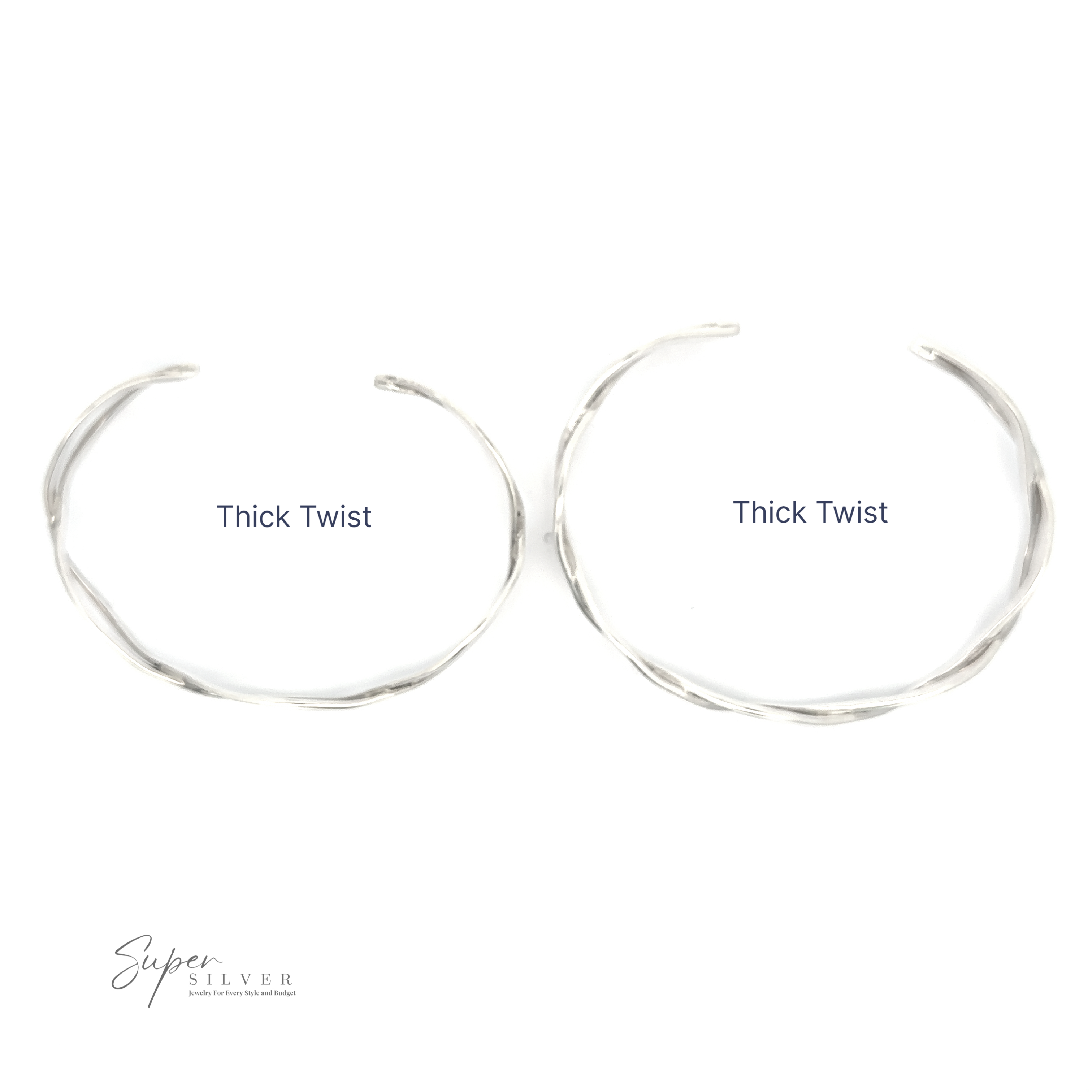 Two sterling silver bracelets with a thick twist design, labeled "Stylish Twisted Silver Cuff," displayed on a white background. The logo "Super Silver" is at the bottom left.