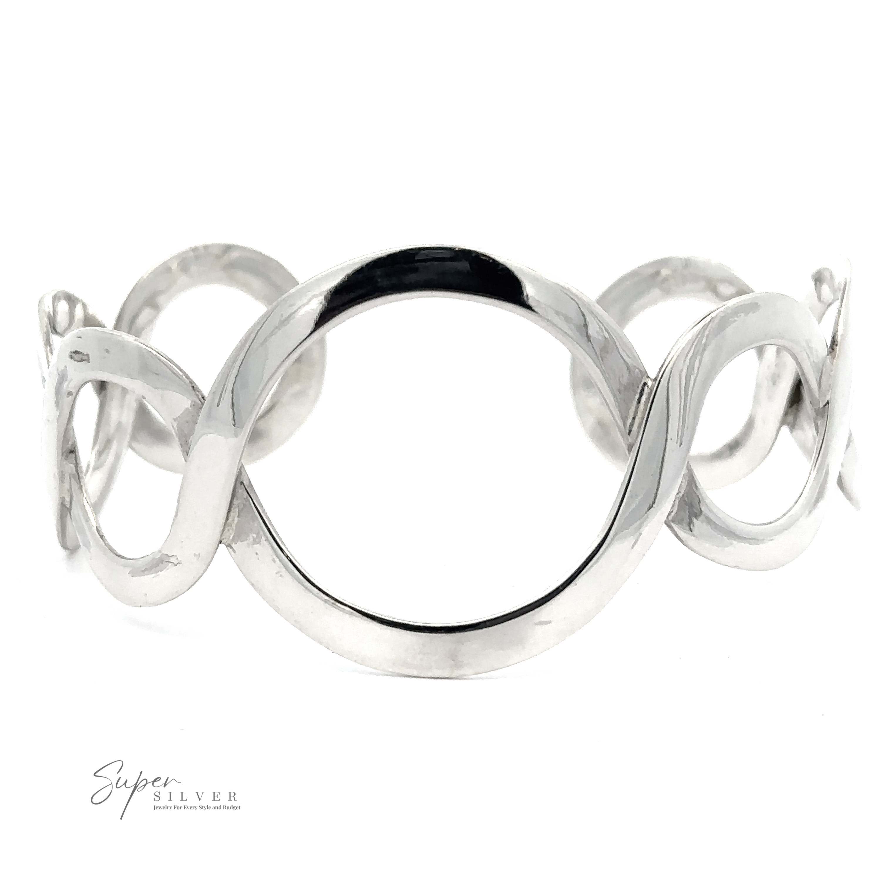 A Twisted Graduated Circle Cuff featuring an overlapping loop design and a unique graduated circle pattern as its central accent. The brand logo, "Super Silver," is visible in the lower left corner.