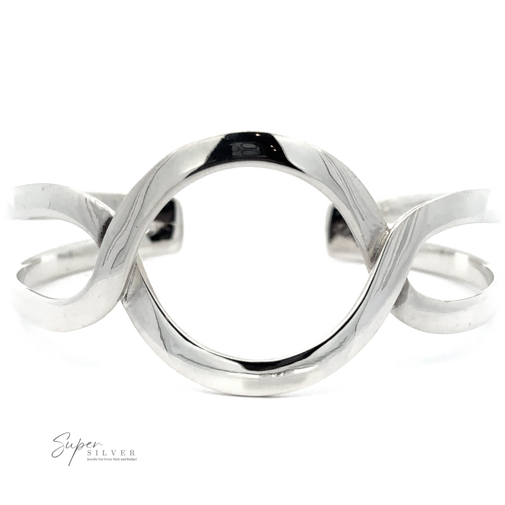 
                  
                    A Trendy Twisted Cuff with Circle Design featuring a silver design with an open circular center and a boho chic twist on either side. The lower left corner has small text that reads, ".925 Sterling Silver.
                  
                