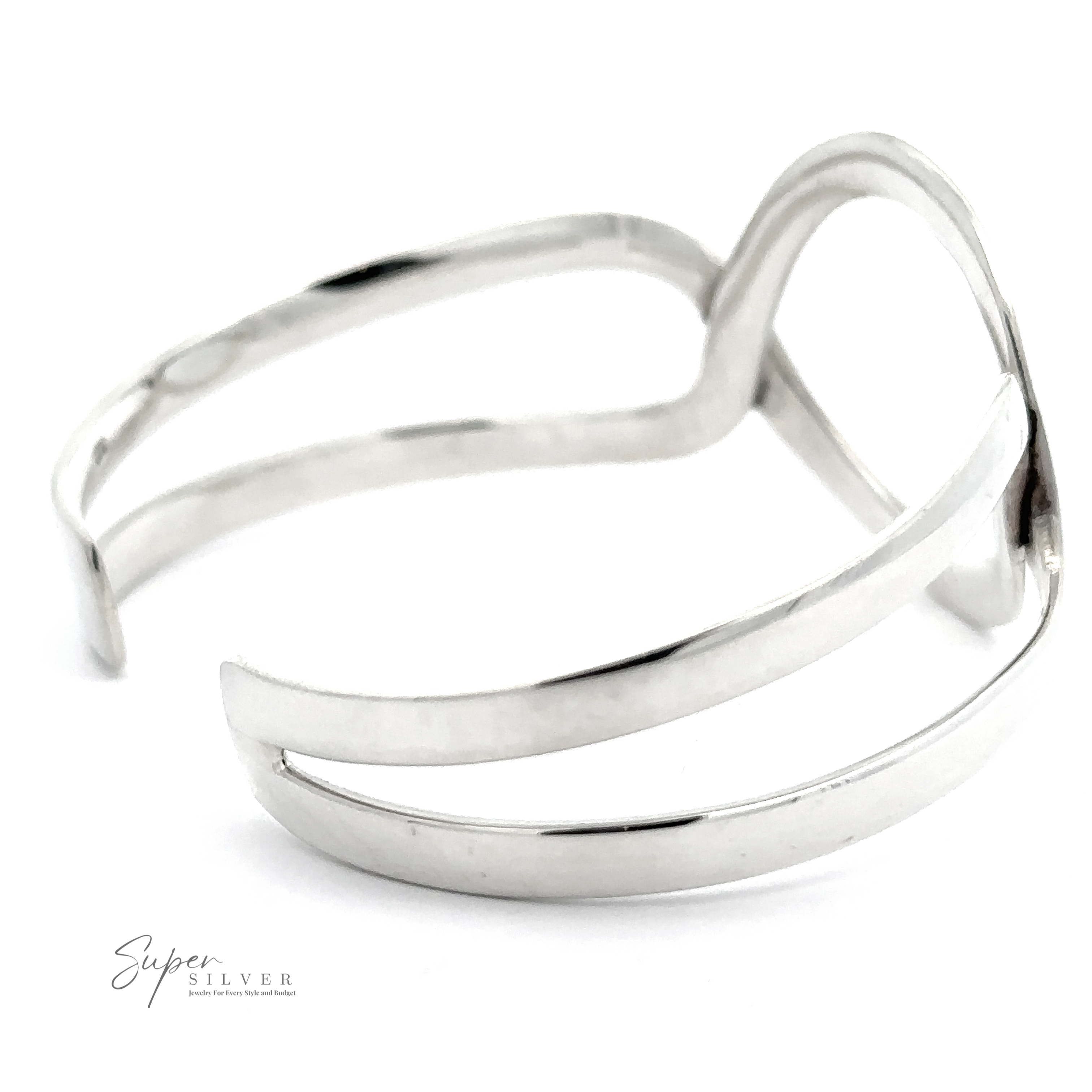 A sleek, silver cuff bracelet with an open wave design, featuring a polished finish. Made from .925 Sterling Silver, the **Trendy Twisted Cuff with Circle Design** bears the "Super Silver" logo in the corner.
