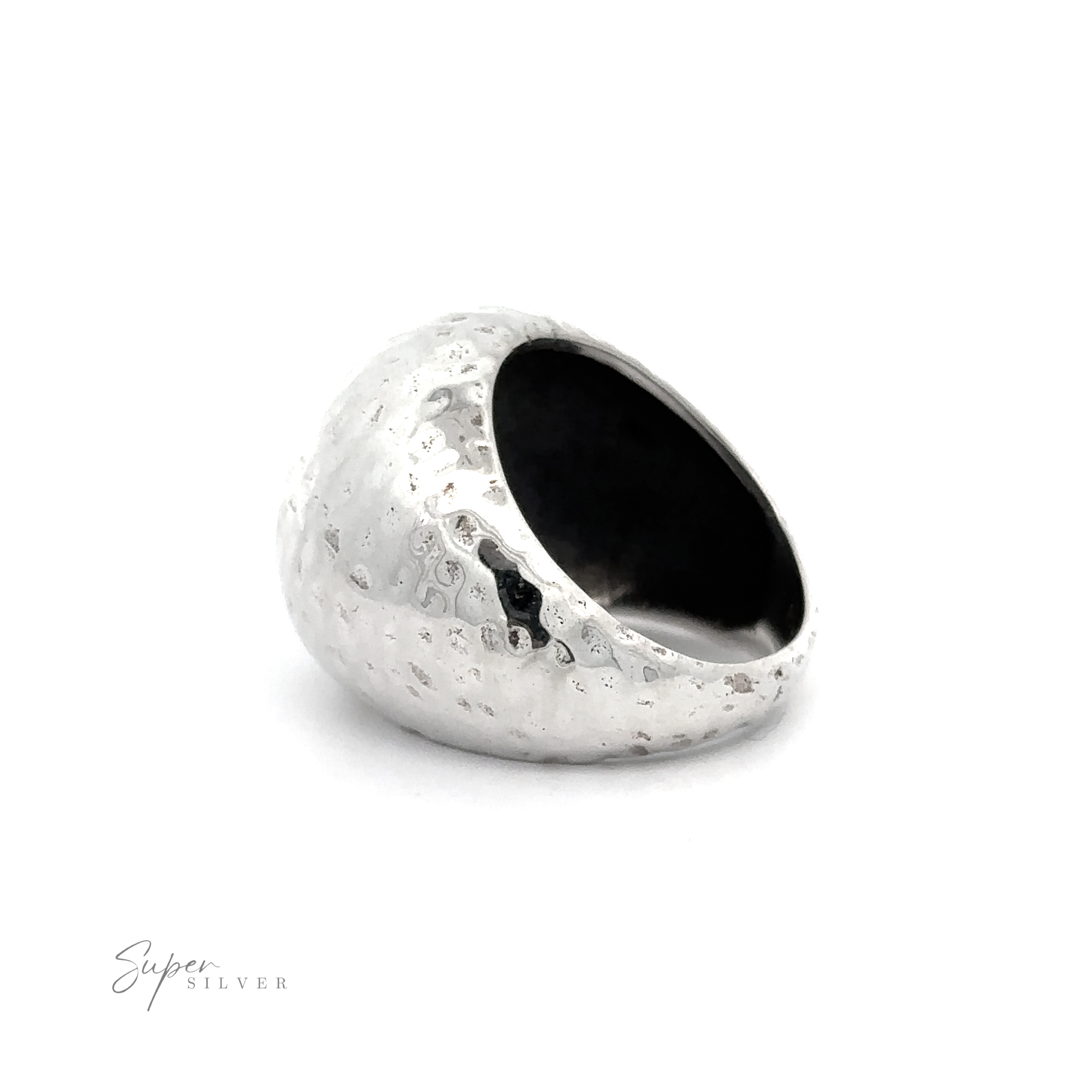 A shimmering silver ring from the Statement Hammered Rings collection, showcased on a pristine white background.