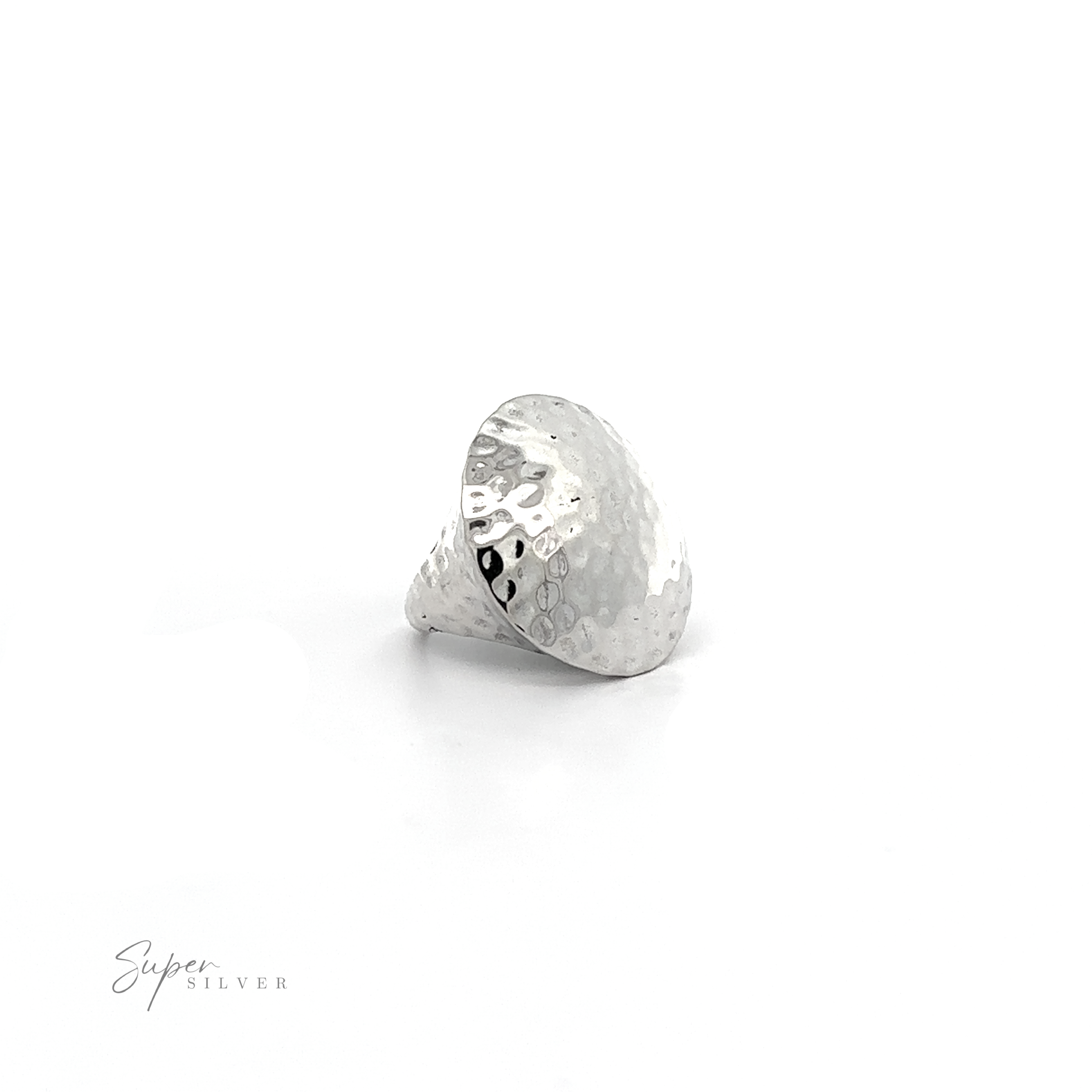 A bold Statement Hammered Ring from our Silver Hammered Ring collection, gleaming with shimmering elegance, set against a pristine white background.