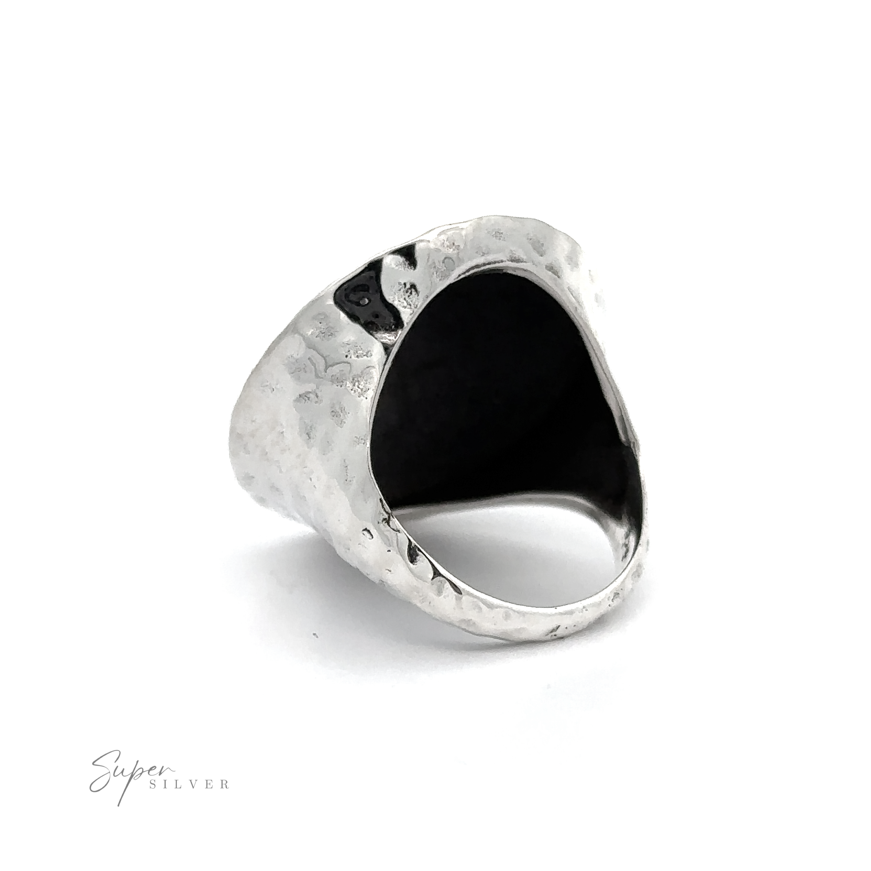 A Statement Hammered Ring with a bold black stone, part of the Silver Hammered Ring collection.