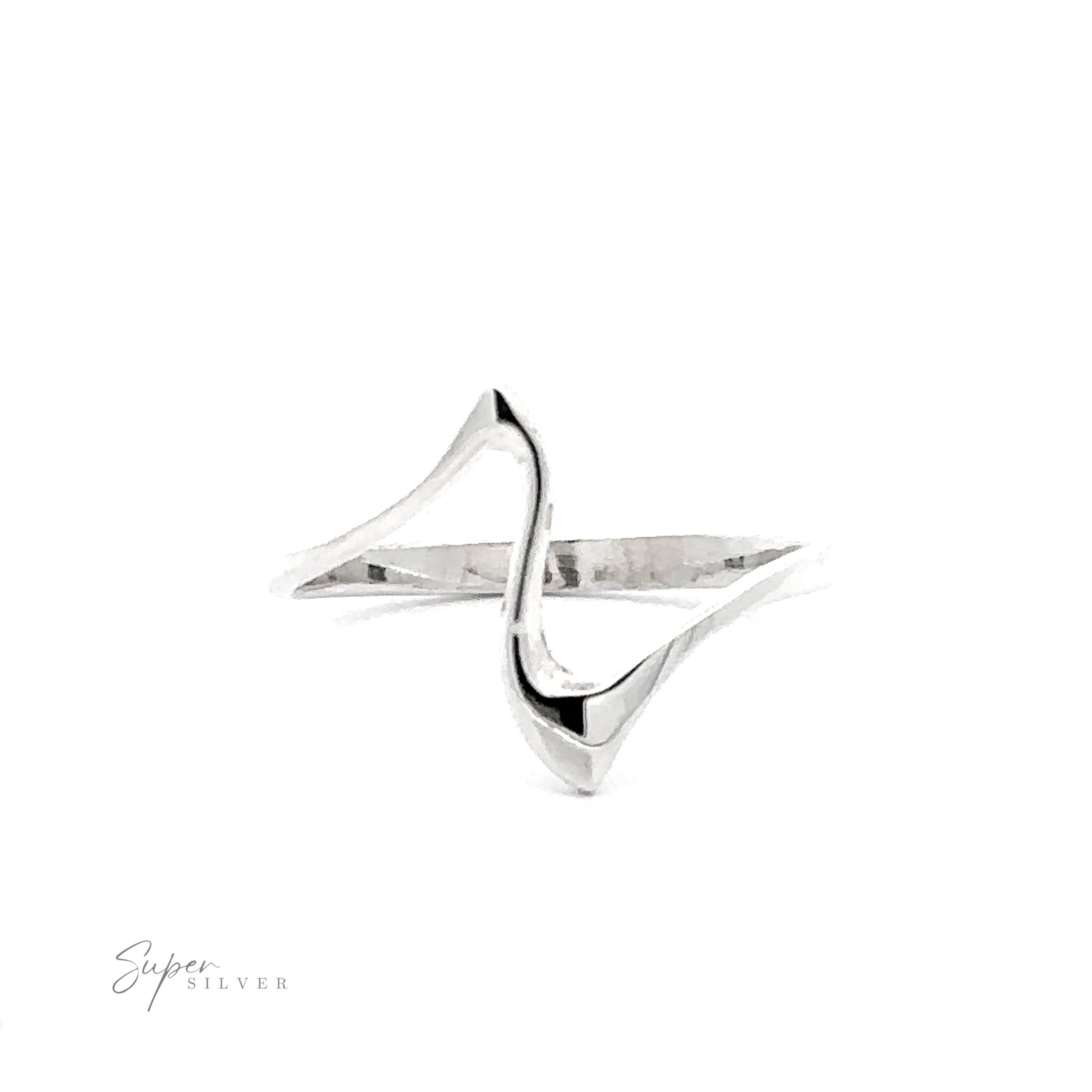 A delicate Thin Silver Wavy Freeform Ring with a modern, twisted Z Ring design on a white background. The image includes the text "super silver" at the bottom.