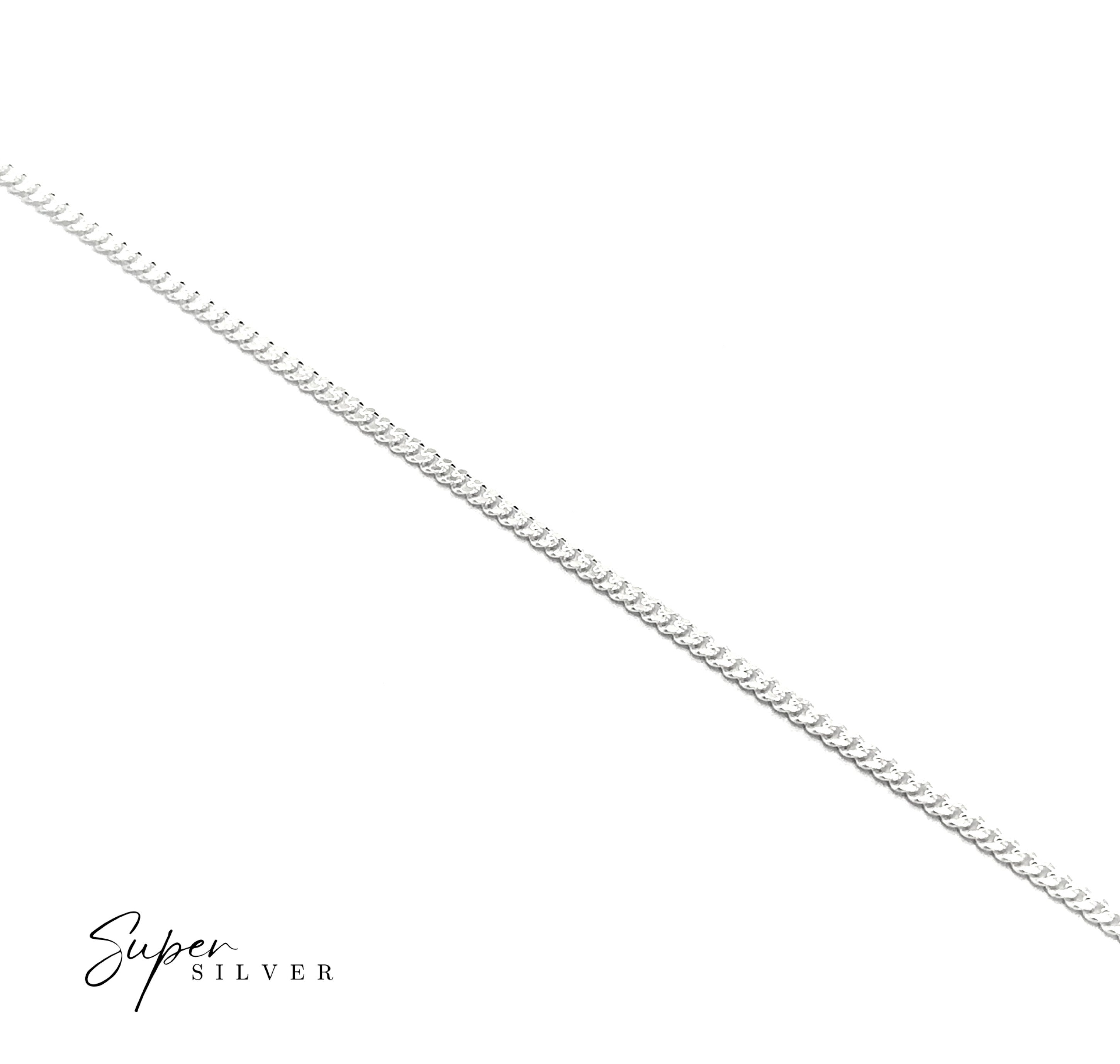 The Thin Italian Curb Chain is displayed diagonally on a white background, with "Super Silver" elegantly written in the bottom left corner.