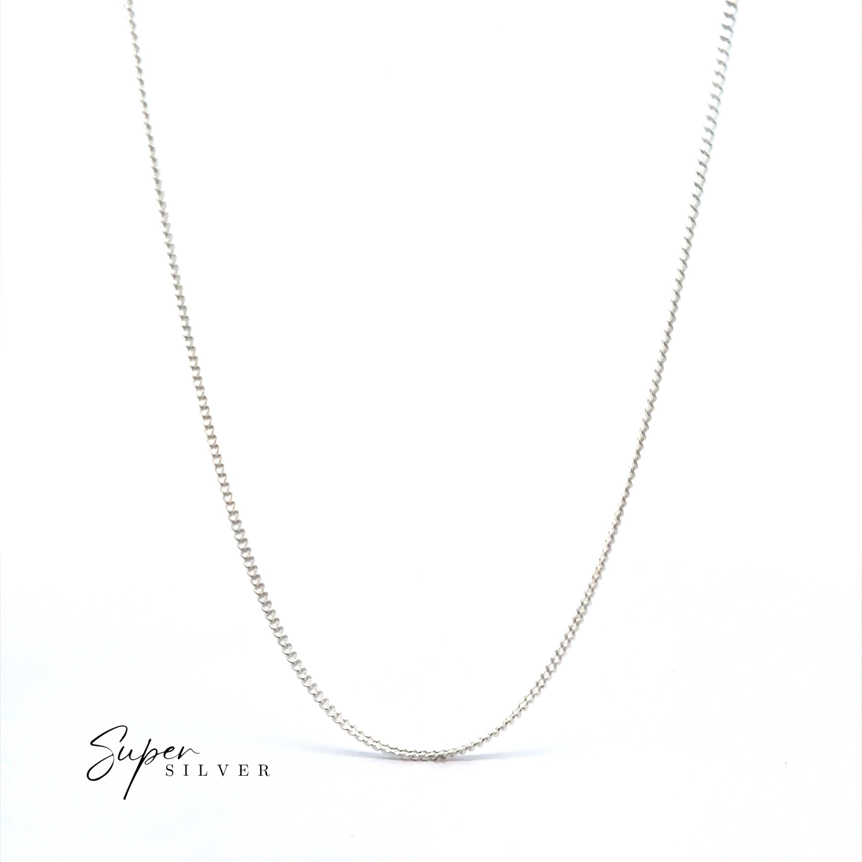 A Thin Italian Curb Chain necklace in sterling silver is displayed on a white background with "Super Silver" in the bottom left corner, highlighting its classic elegance.