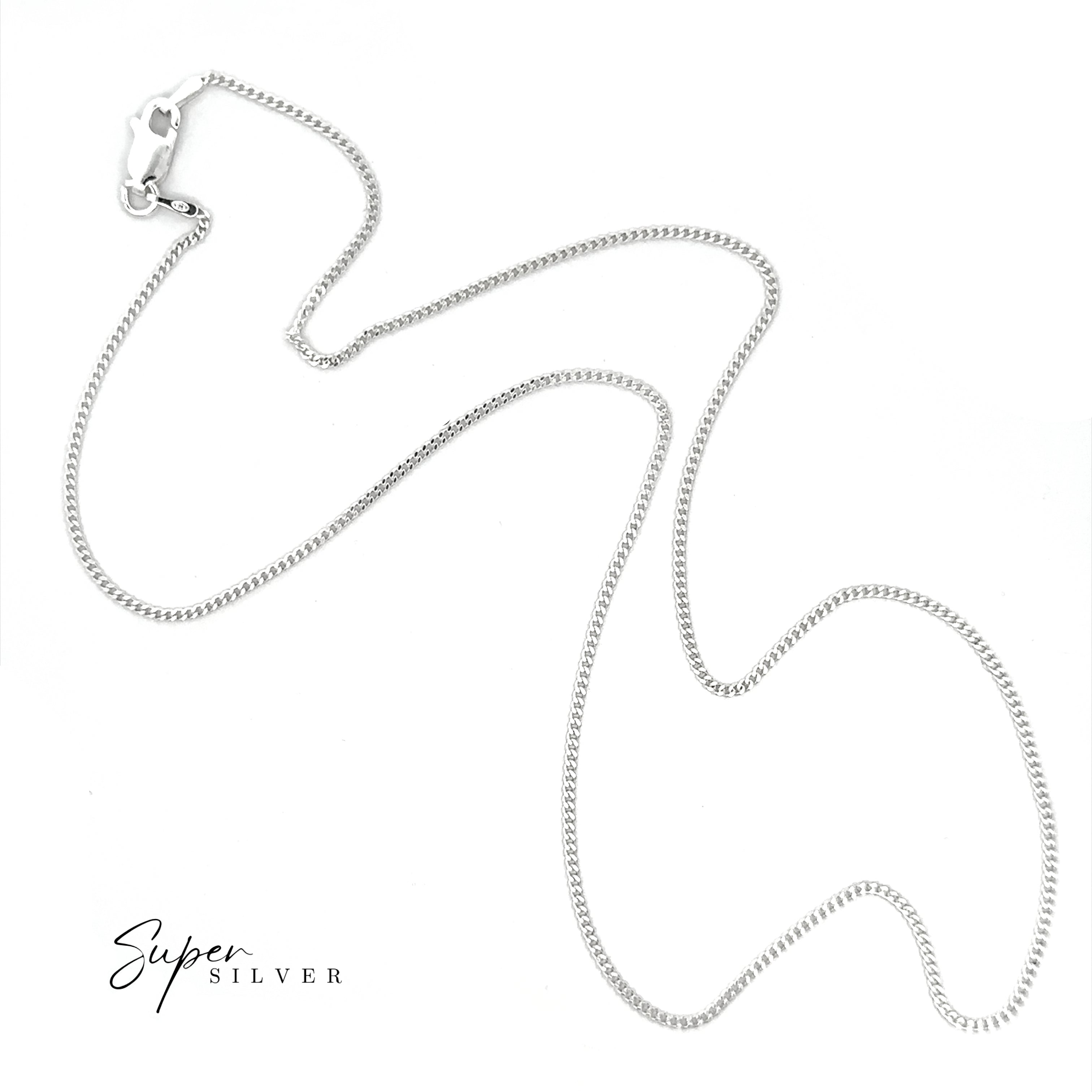 A Thin Italian Curb Chain in sterling silver with a lobster clasp is displayed on a white background, featuring the "Super Silver" logo in the lower left corner.