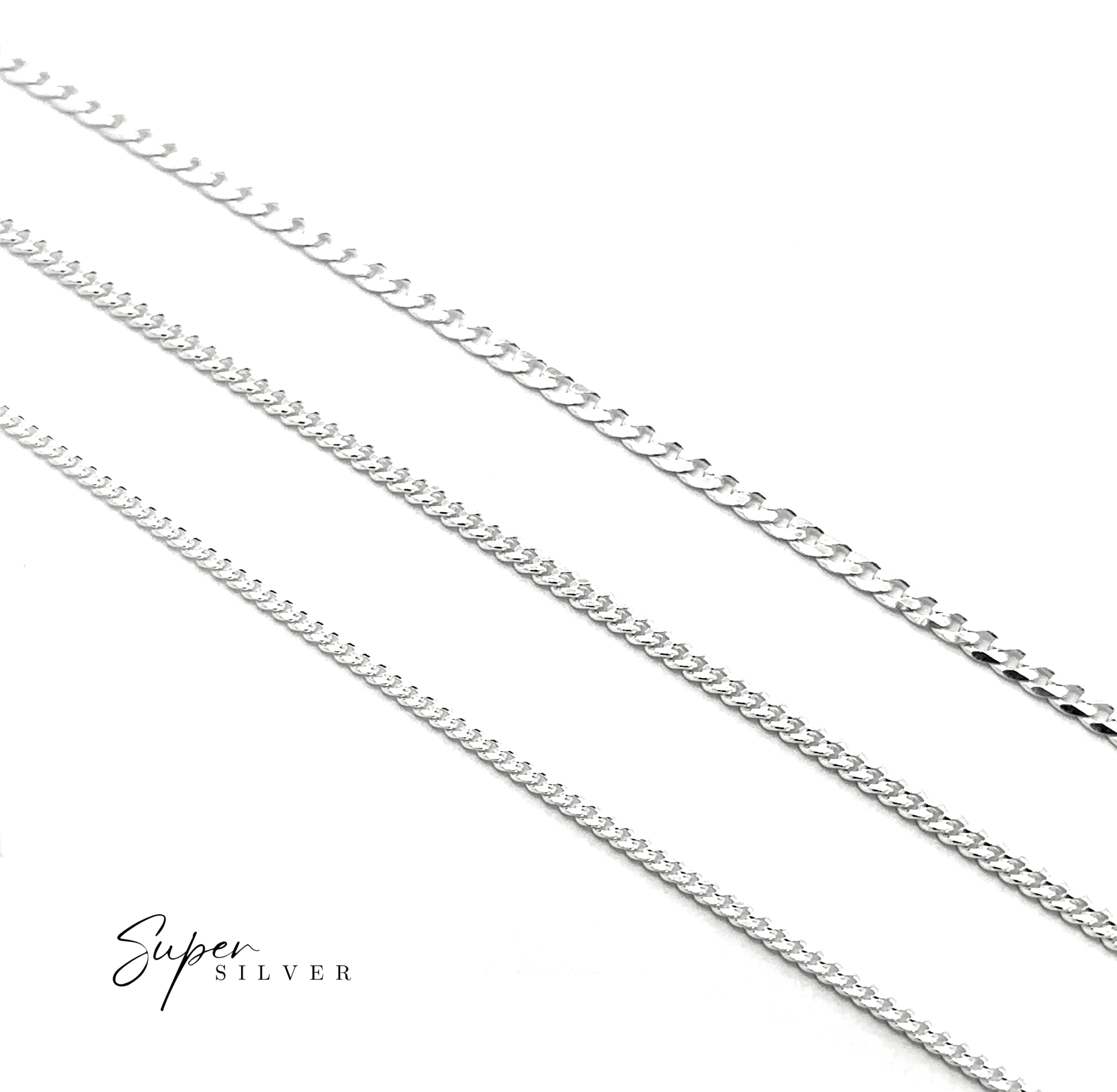 A Thin Italian Curb Chain is displayed diagonally on a white background with the text "Super Silver" in the lower left corner.