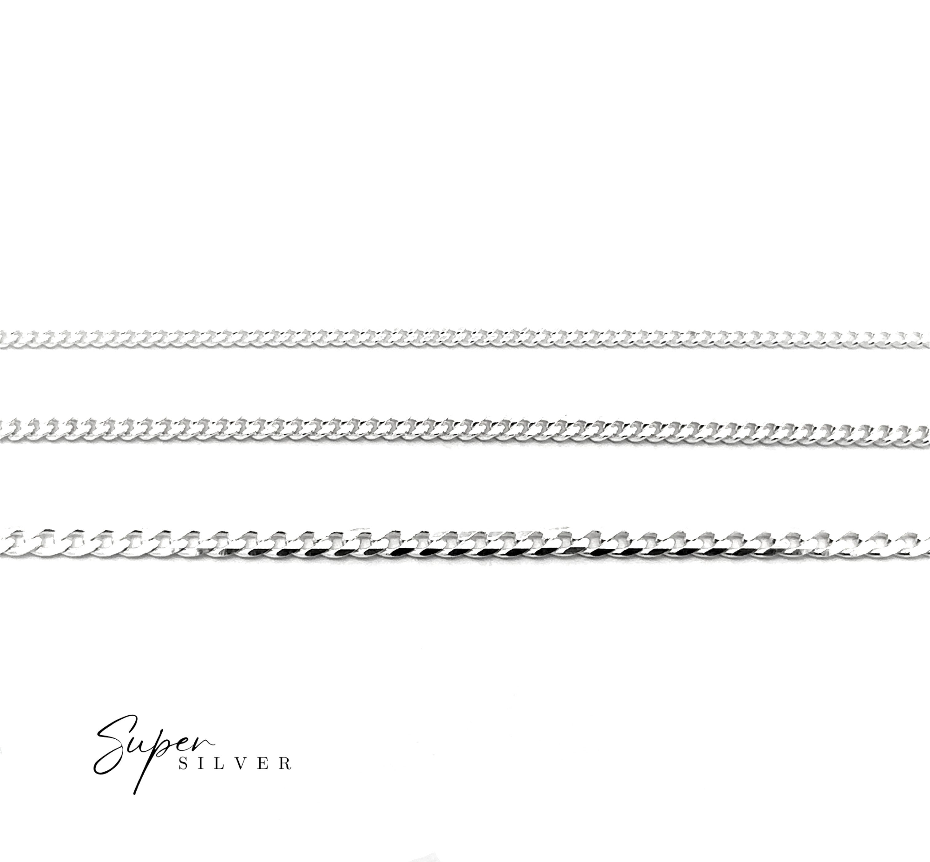 The Thin Italian Curb Chain is displayed horizontally on a white background, with "Super Silver" in script at the lower left corner, emphasizing the elegance of this sterling silver chain.