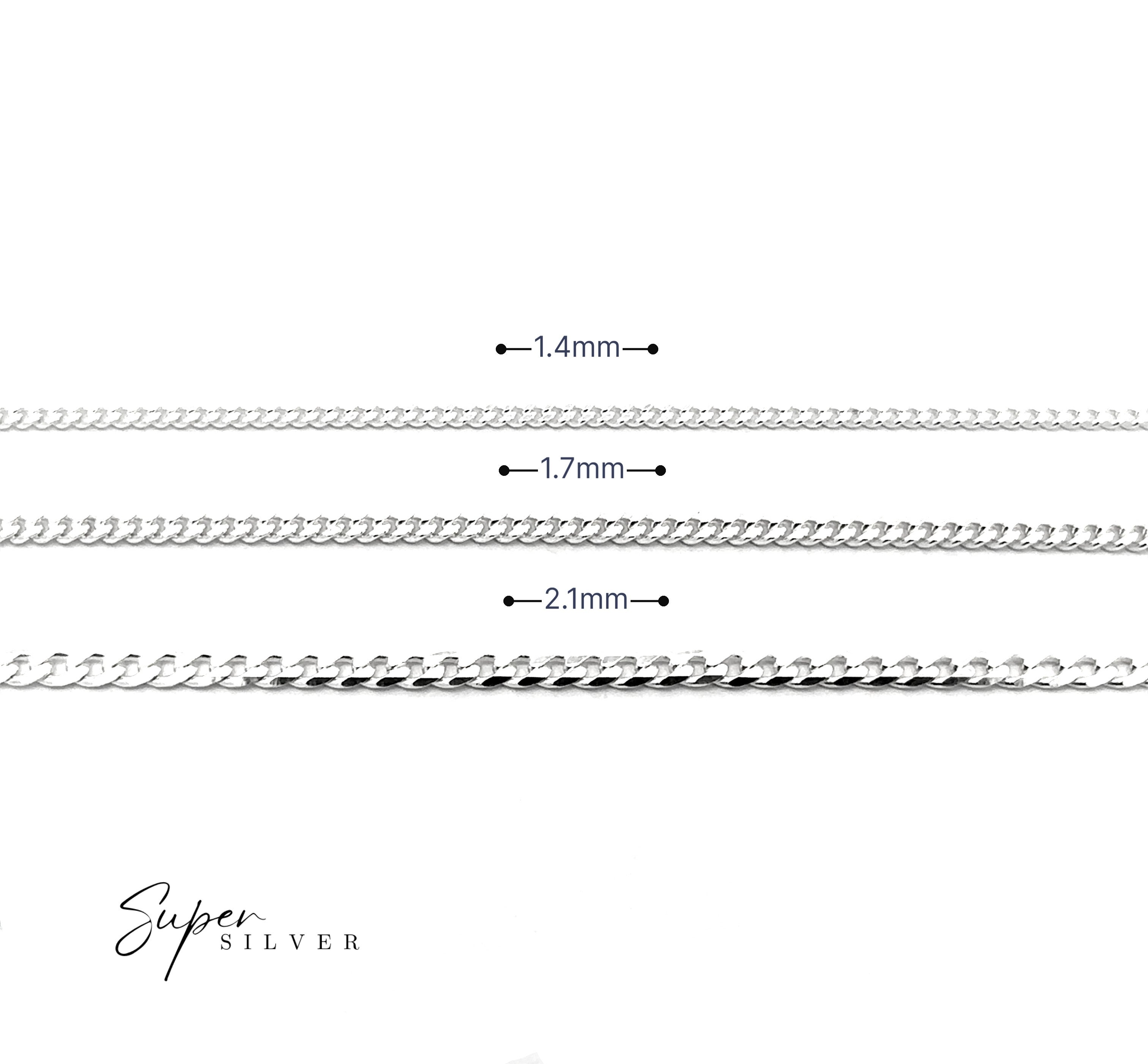 Three Thin Italian Curb Chains in 1.4mm, 1.7mm, and 2.1mm widths are displayed horizontally on a white background with the "Super Silver" logo, highlighting classic Italian curb craftsmanship.