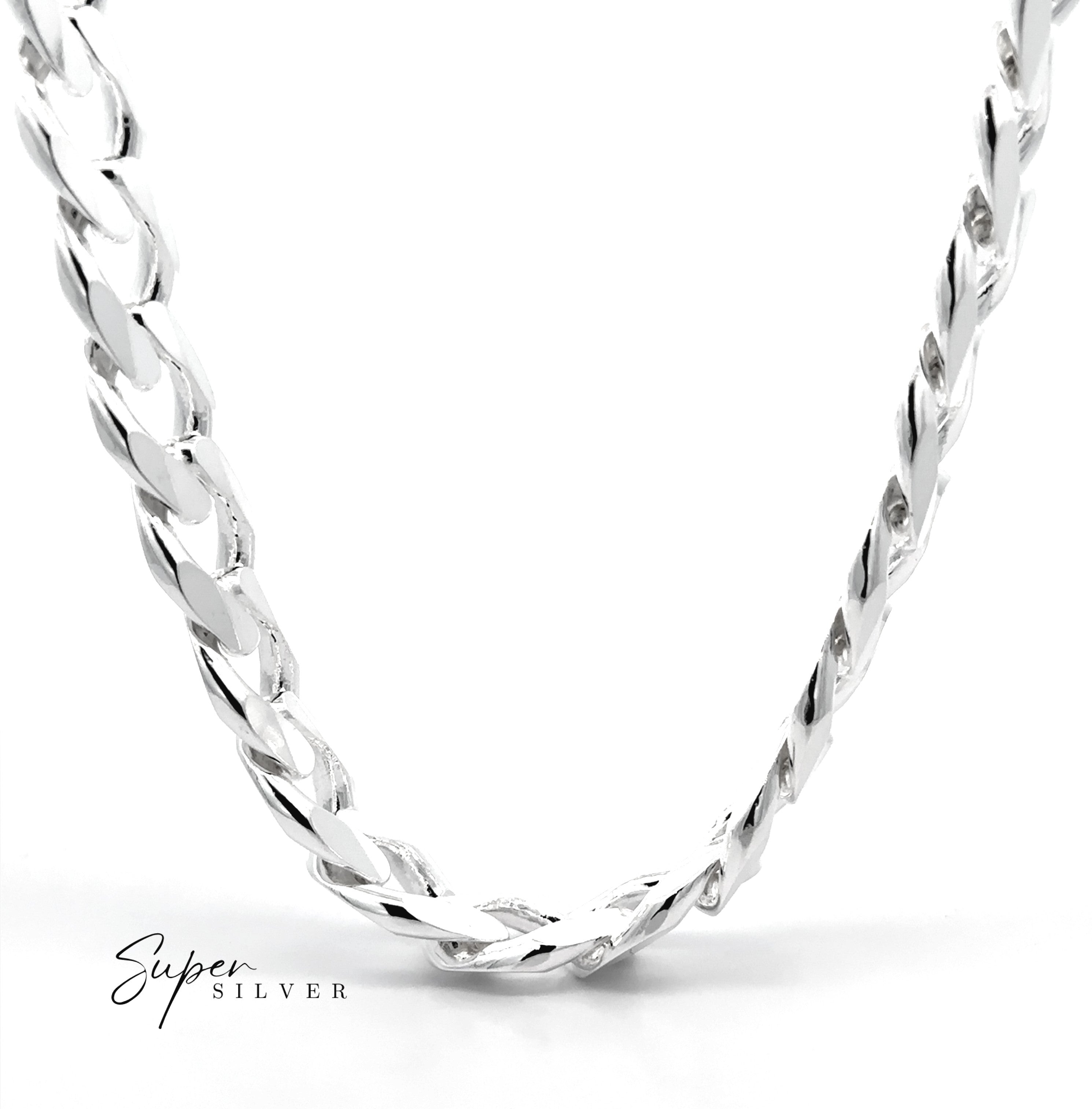 A close-up of a polished sterling silver necklace with a flat, oversized Italian curb chain design on a white background. The words "Massive Italian Curb Chains" appear in the lower left corner.