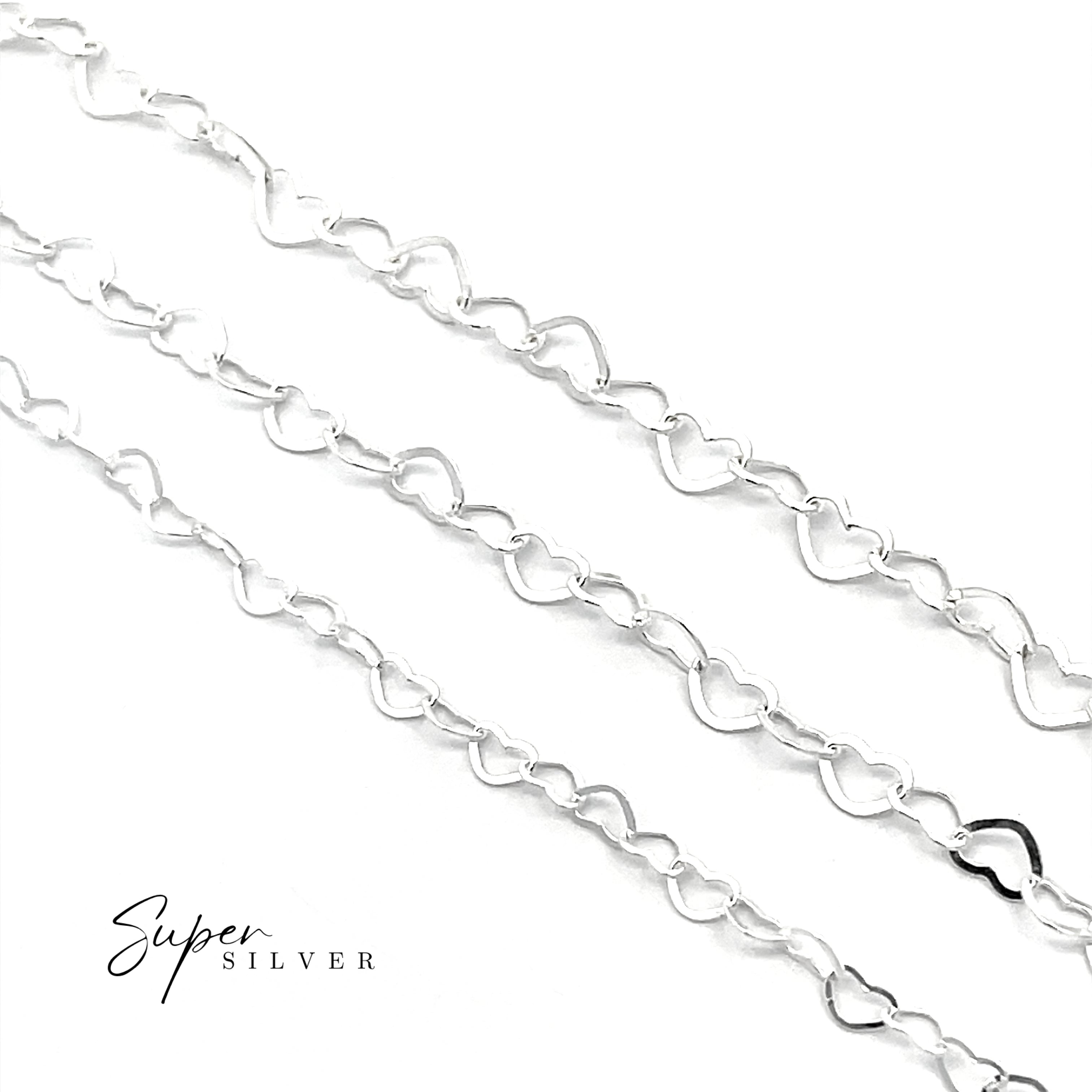 Three Italian Heart Link Chain necklaces, crafted from sterling silver with repeating heart-shaped links, are displayed on a white background. "Super Silver" appears in cursive at the bottom left.