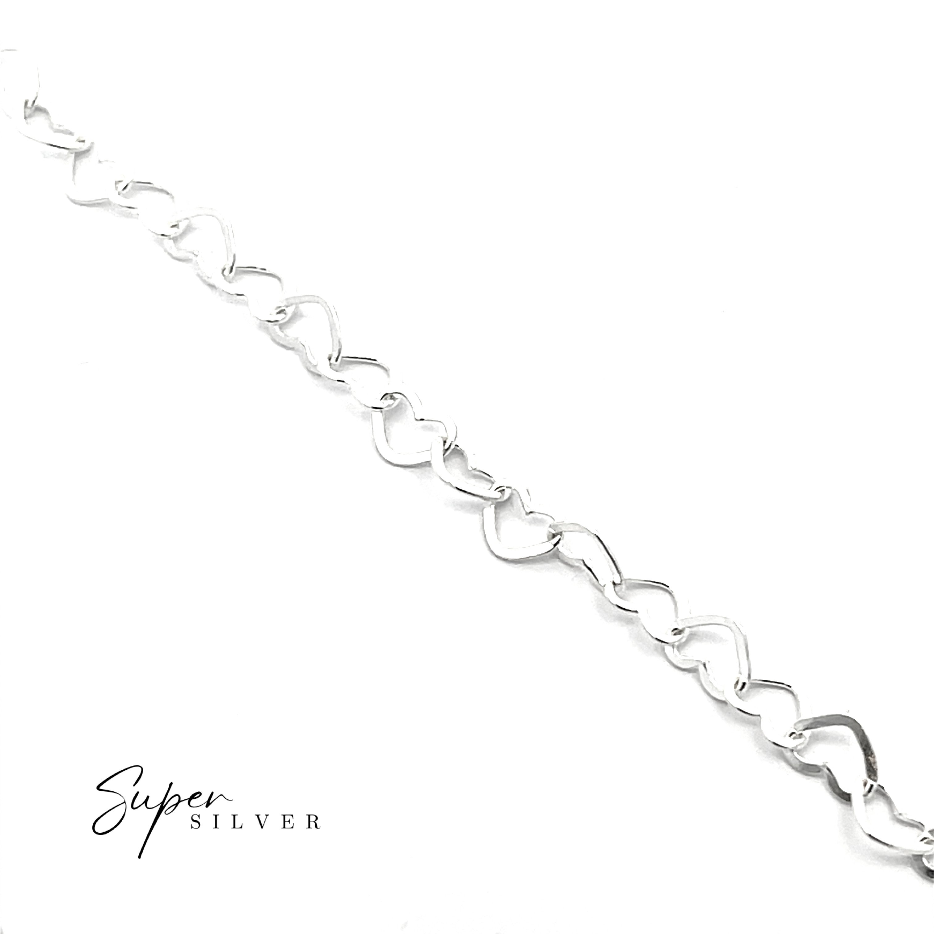 The Italian Heart Link Chain features interlocking heart-shaped links crafted from sterling silver, displayed diagonally on a white background with the "Super Silver" logo in the corner.