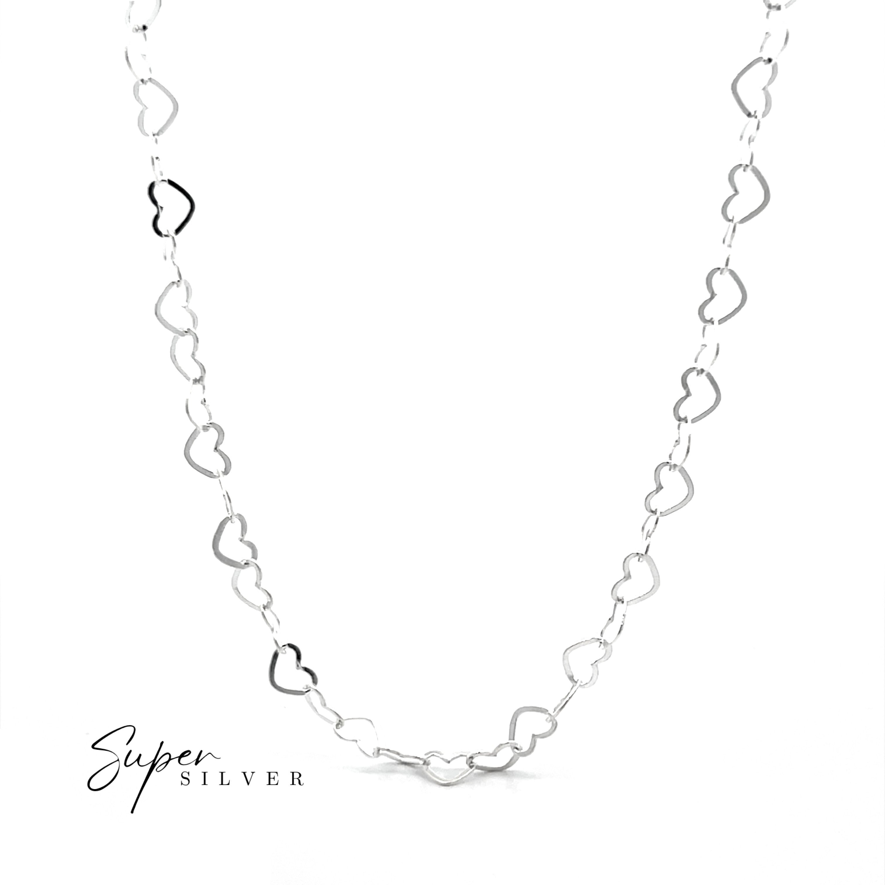 The Italian Heart Link Chain features interconnected open heart-shaped links in elegant sterling silver, displayed on a white background with “Super Silver” in the bottom left corner.