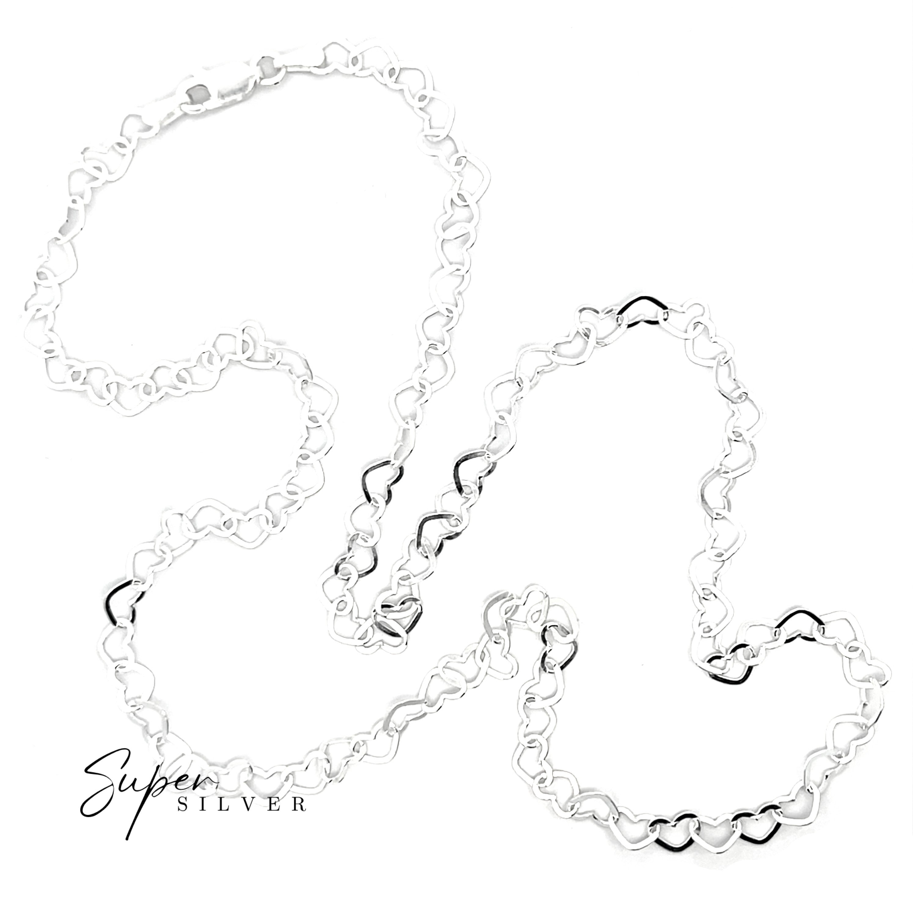The Italian Heart Link Chain, a silver necklace with repeating heart-shaped links, is displayed on a white background with the "Super Silver" logo in the bottom left corner.