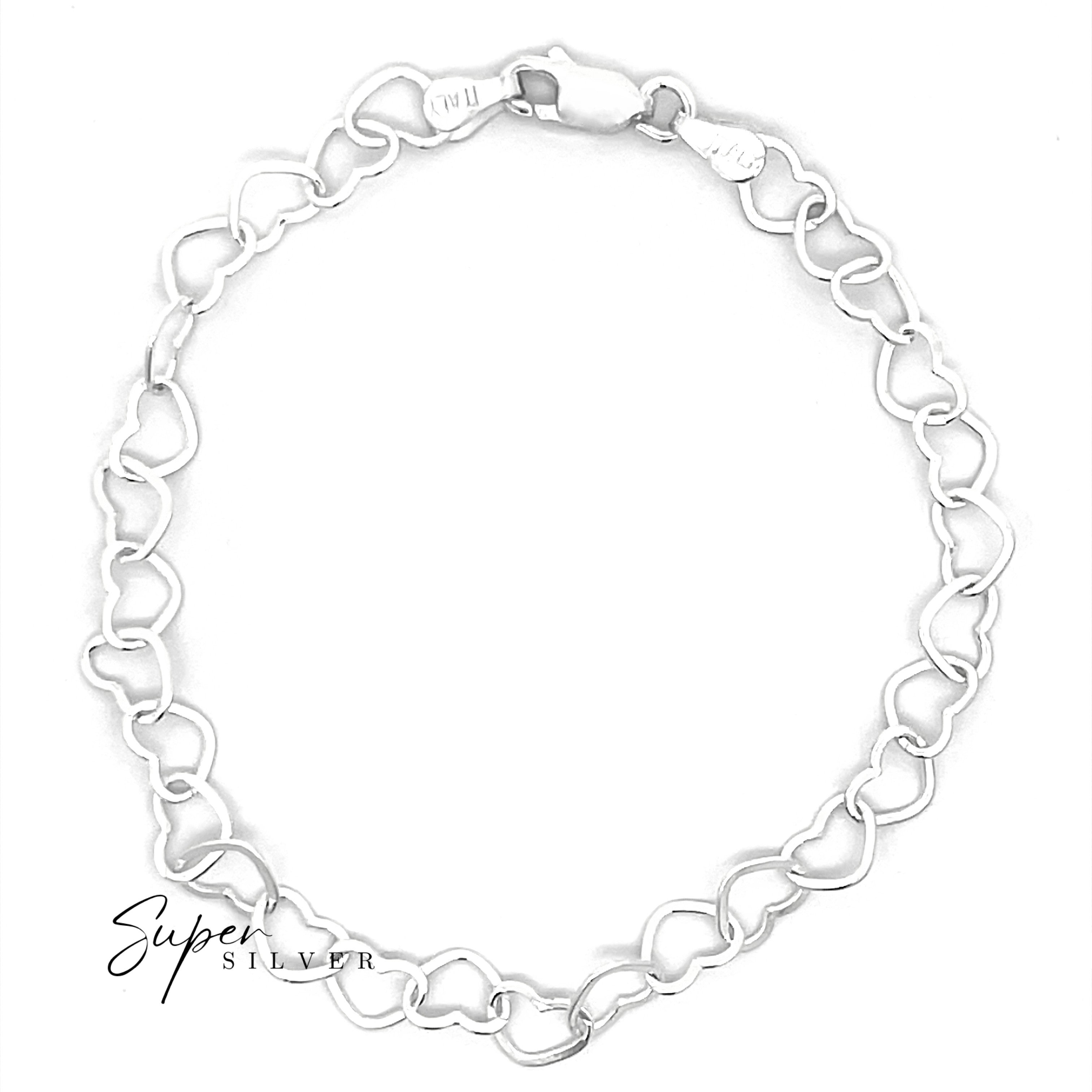 The Italian Heart Link Chain, a sterling silver bracelet with interlocking heart-shaped links and a lobster clasp, is displayed on a white background featuring the "Super Silver" logo in the lower left corner.