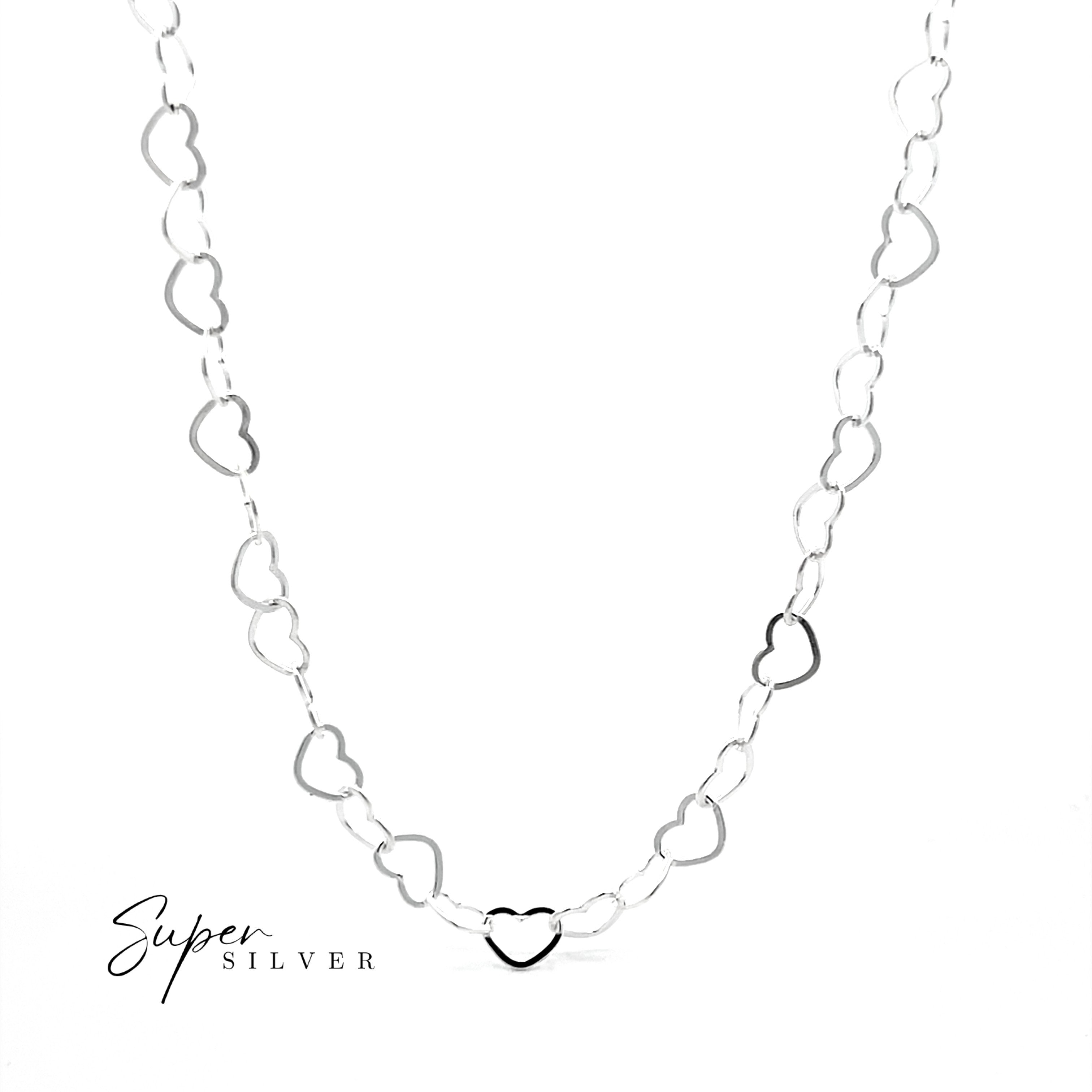The Italian Heart Link Chain, a silver necklace featuring heart-shaped links, is displayed on a white background with the "Super Silver" logo in the lower left corner.