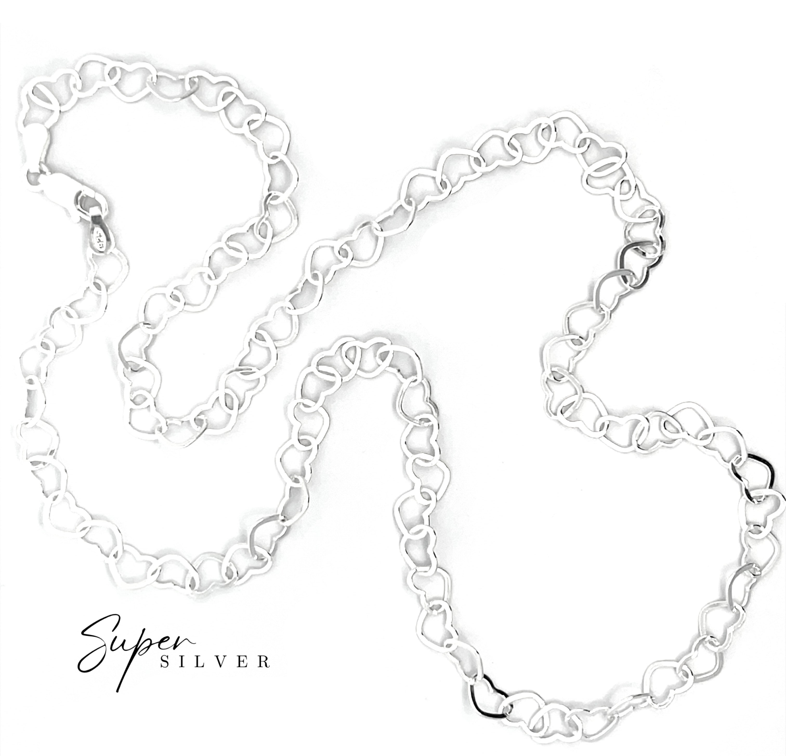An Italian Heart Link Chain with interlocking heart-shaped links is displayed on a white background. "Super Silver" is featured in the bottom left corner.