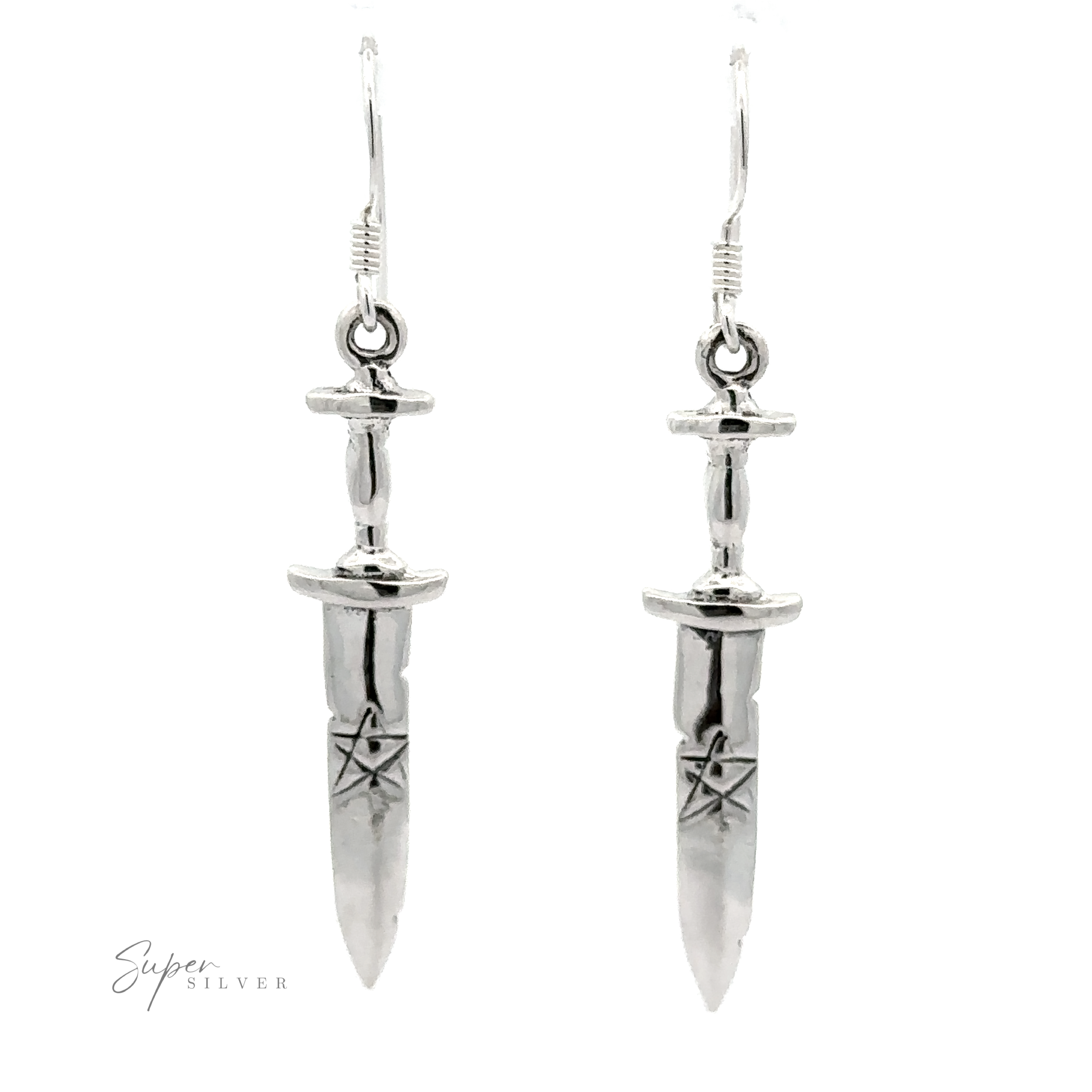 Dagger Earrings With Pentagram with star and circle engravings on the blades, embracing a gothic style with their intricate designs.