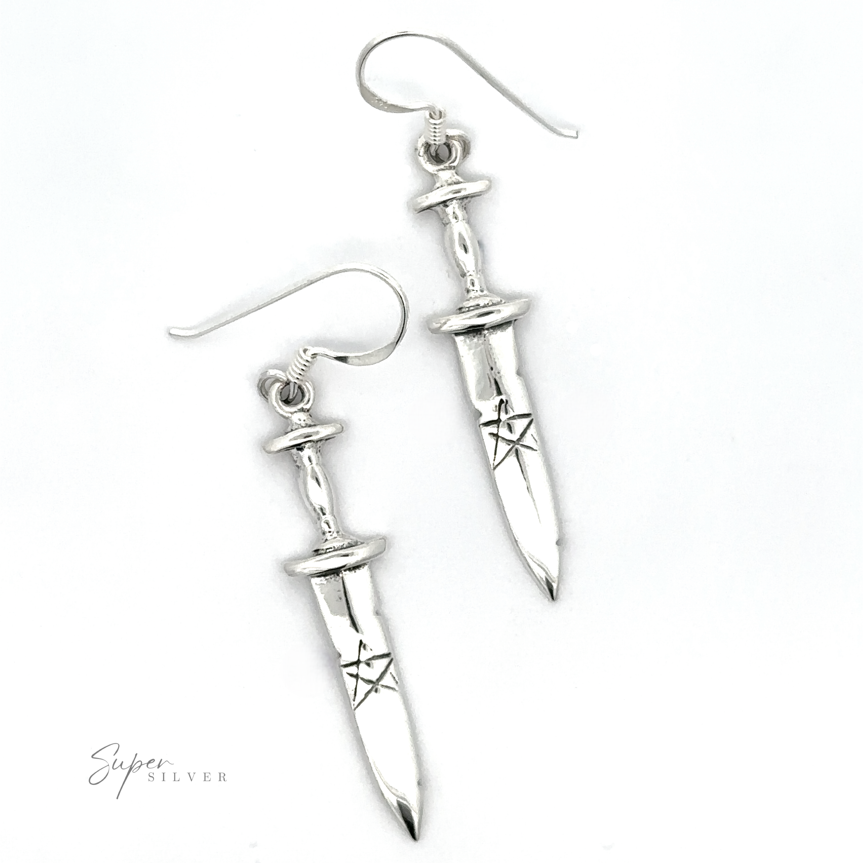 A pair of Dagger Earrings With Pentagram with intricate, gothic-style designs is shown against a white background. The "Super Silver" logo is visible at the bottom left corner of the image.