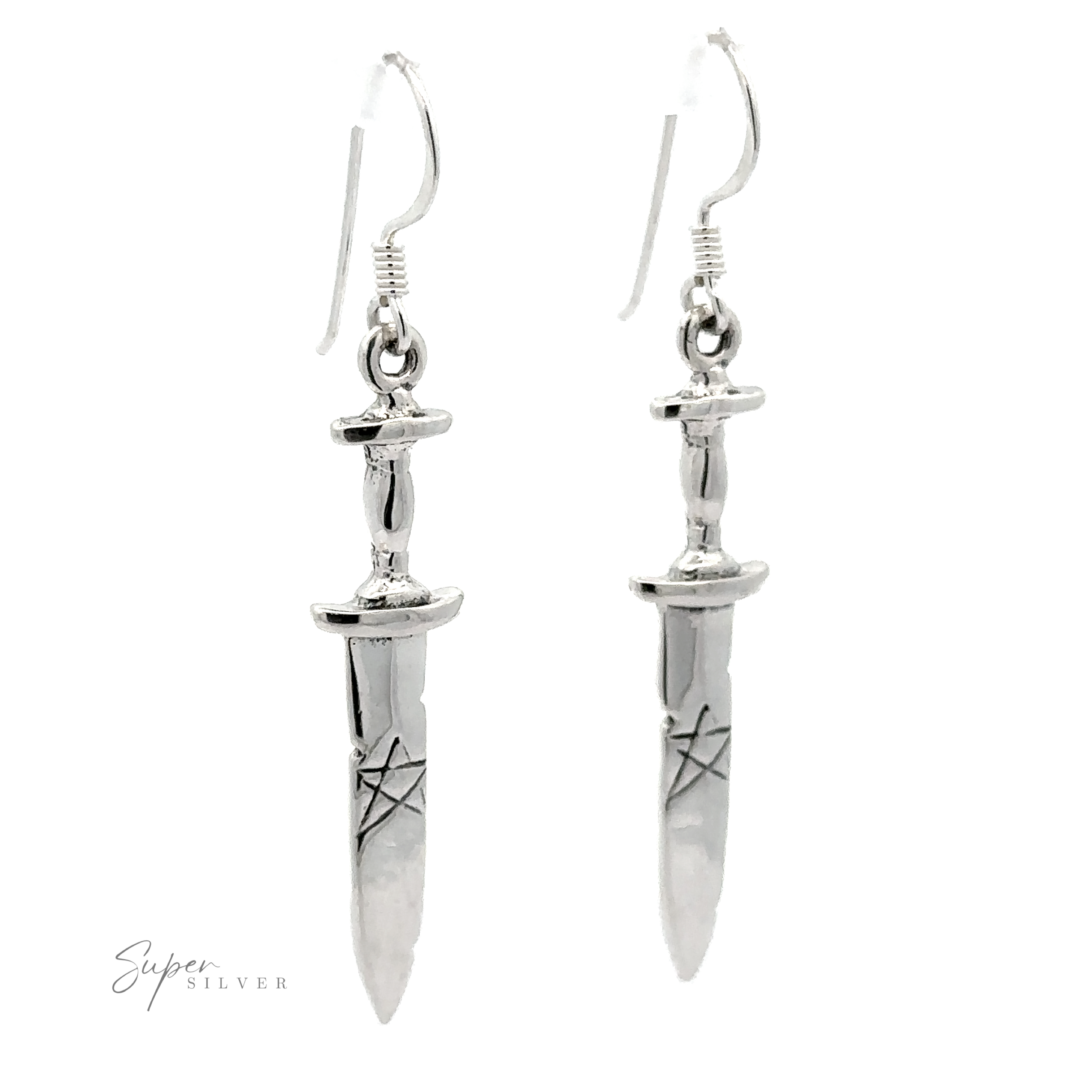 A pair of Dagger Earrings With Pentagram with intricate detailing and hooks for wearing, embodying a gothic style. The "Super Silver" logo is visible in the lower left corner.