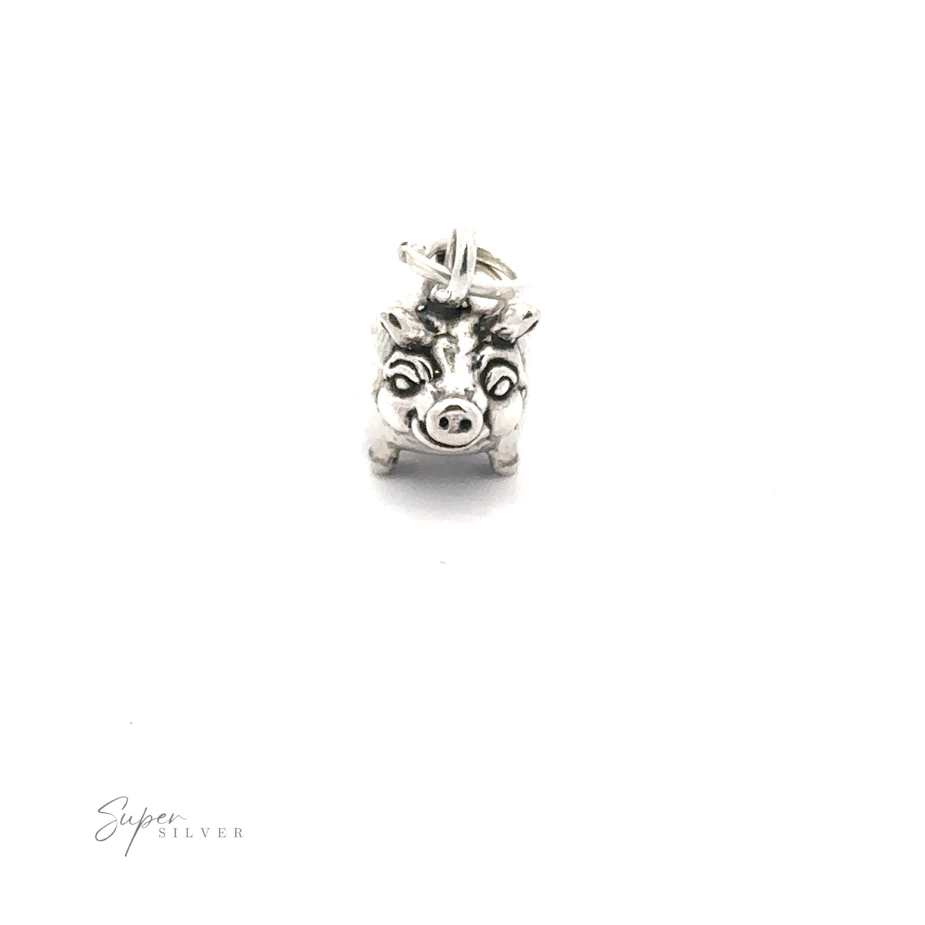 A playful jewelry piece, the Piggy Bank Charm is crafted from .925 Sterling Silver and features a detailed pig with expressive facial features and a loop at the top for easy attachment to your collection.