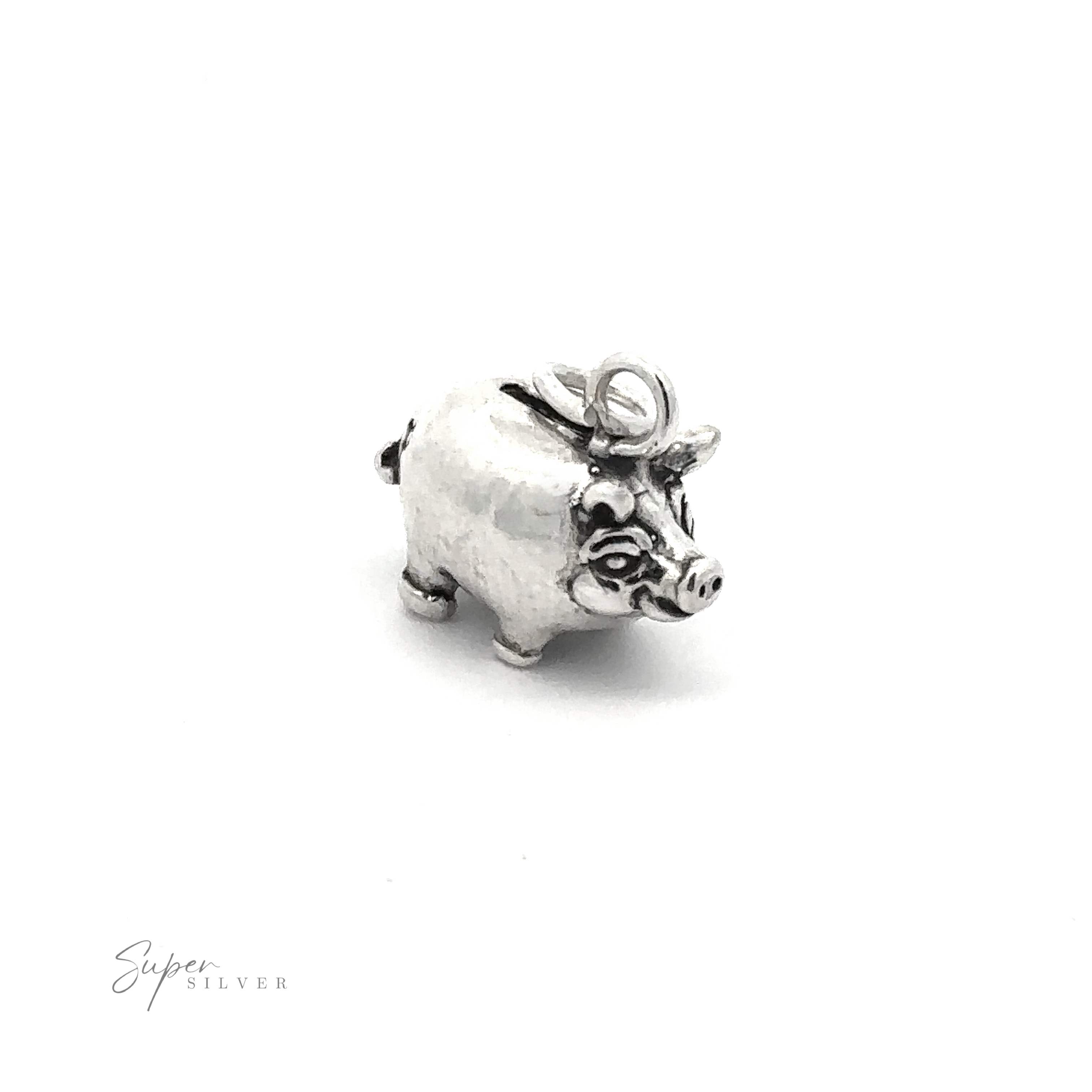 Introducing the Piggy Bank Charm, a whimsical and chunky jewelry piece crafted from .925 Sterling Silver. This small charm features a loop on top, perfect for attaching to bracelets or necklaces. Displayed on a plain white background, you can partially see the words "Super Silver" in the bottom left corner.
