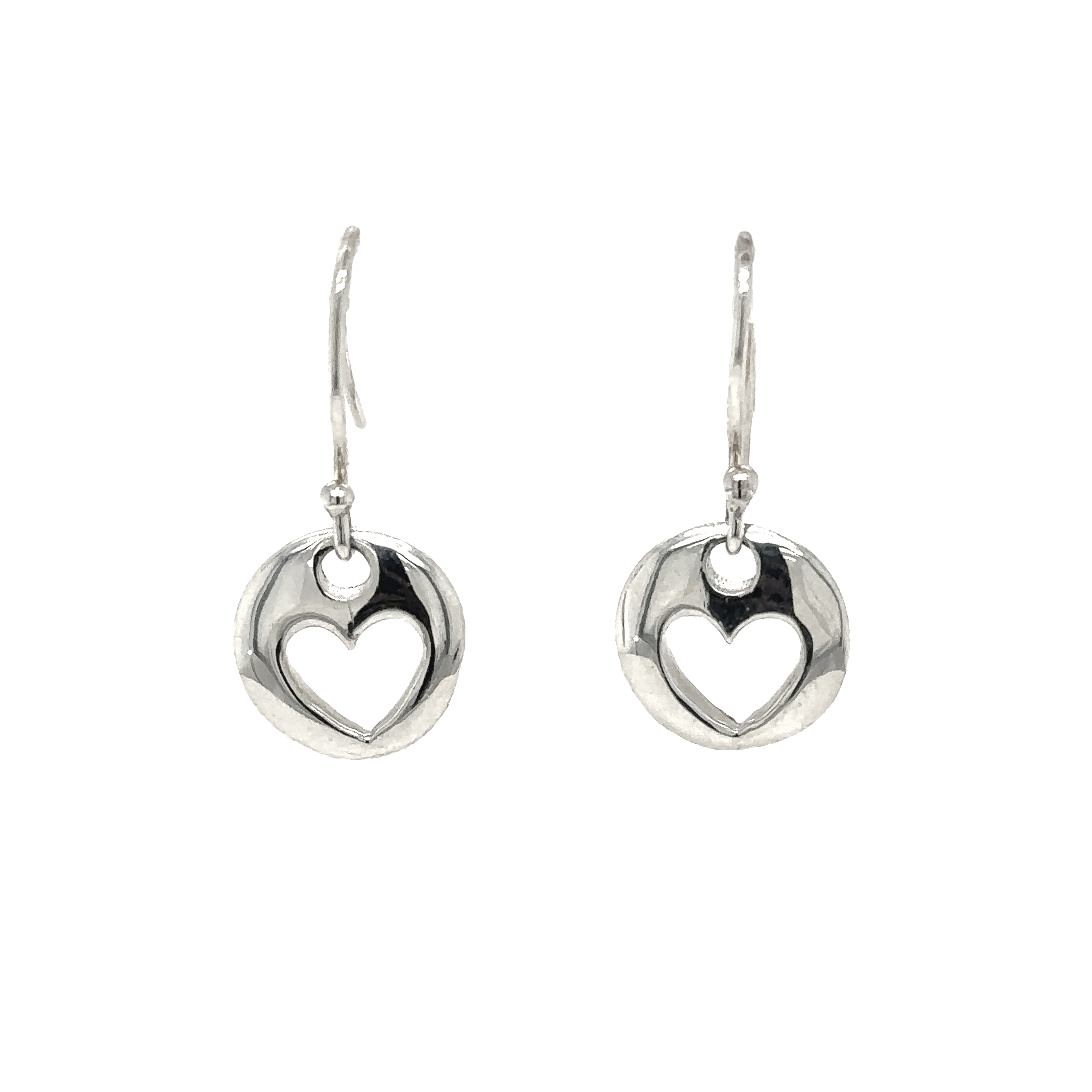 A pair of Super Silver Round Heart Cutout Earrings on a white background.
