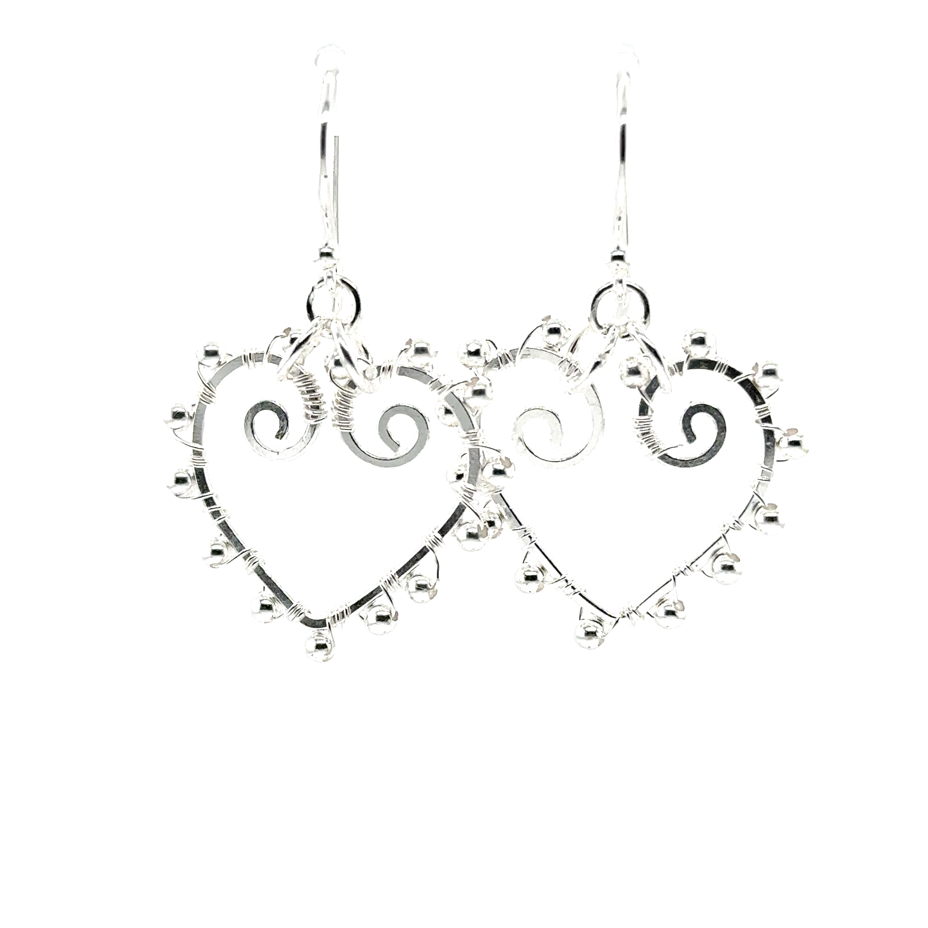 A pair of lightweight Super Silver heart earrings with silver beads, perfect for everyday wear, on a white background.