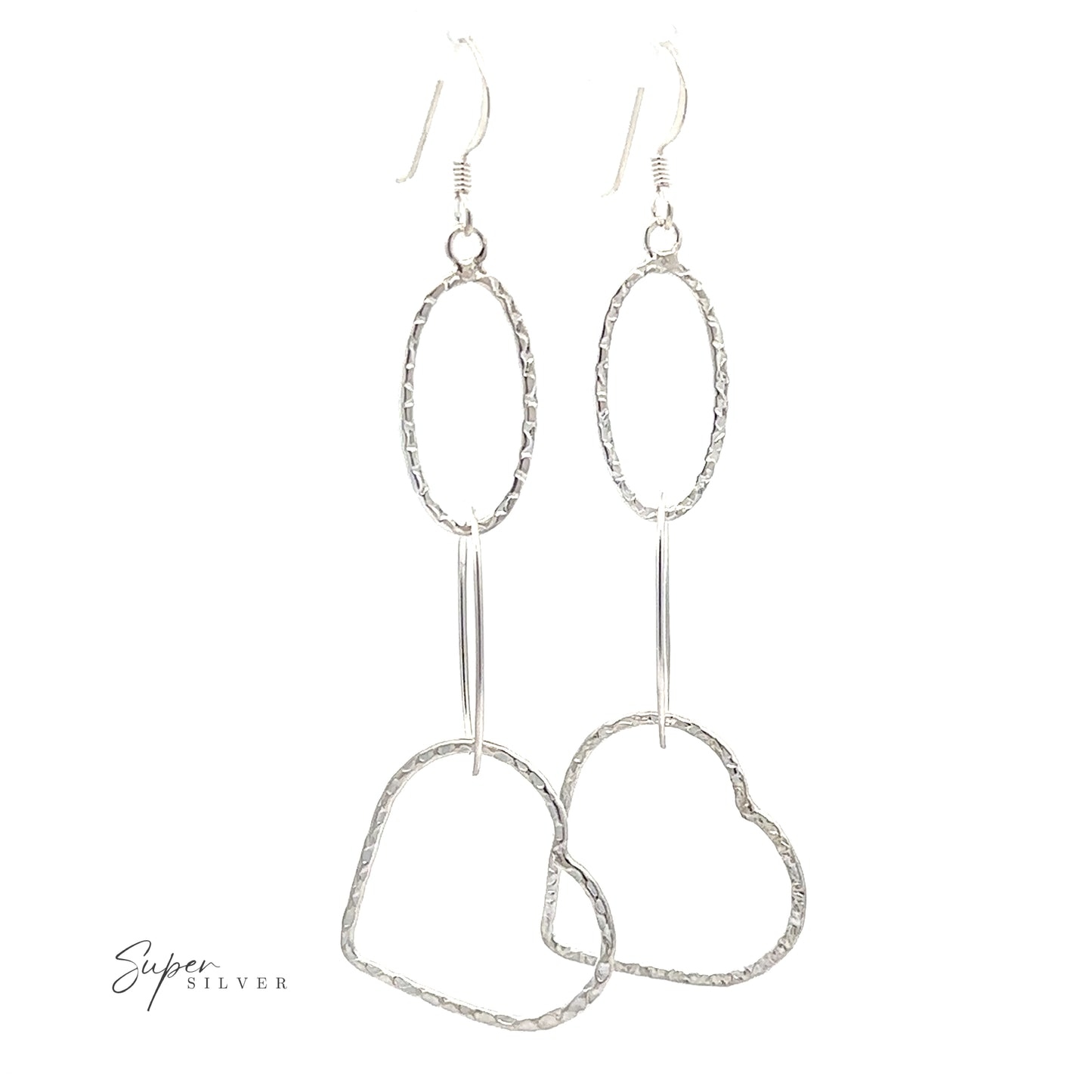 A pair of Hammered Three Tiered Heart Dangle Earrings on a white background.